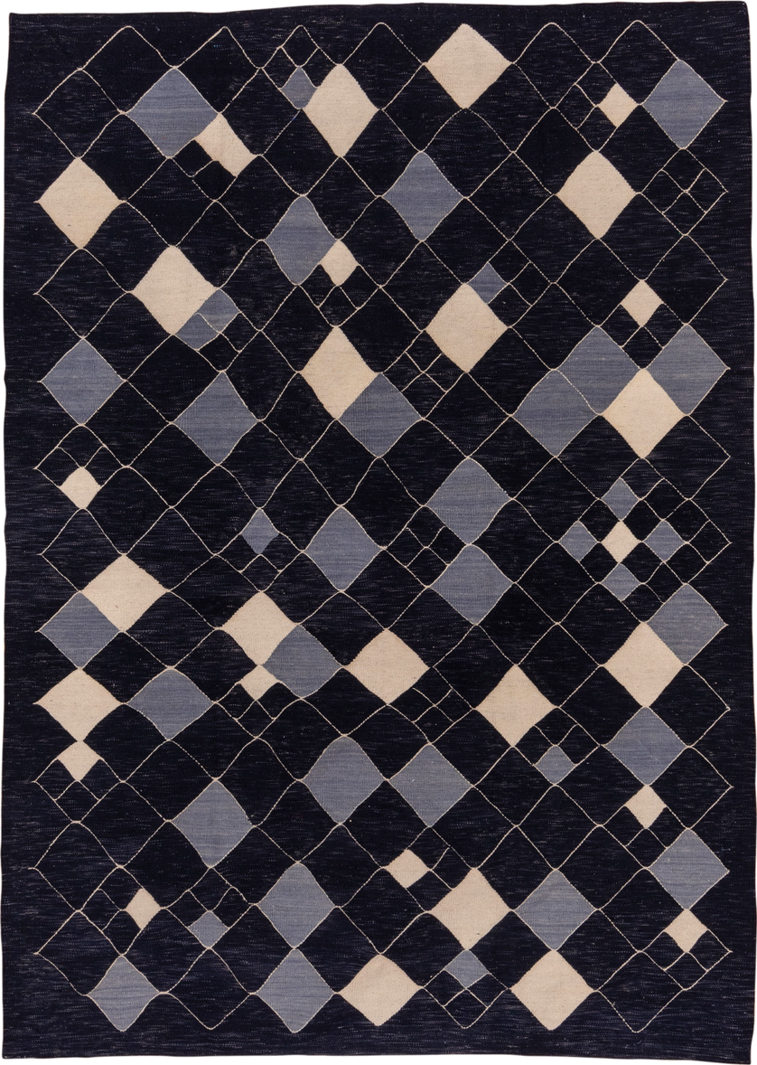 7' x 9' one-of-a-kind handmade vintage Kilim rug. Color palette: indigo, ivory, slate, purple, gray