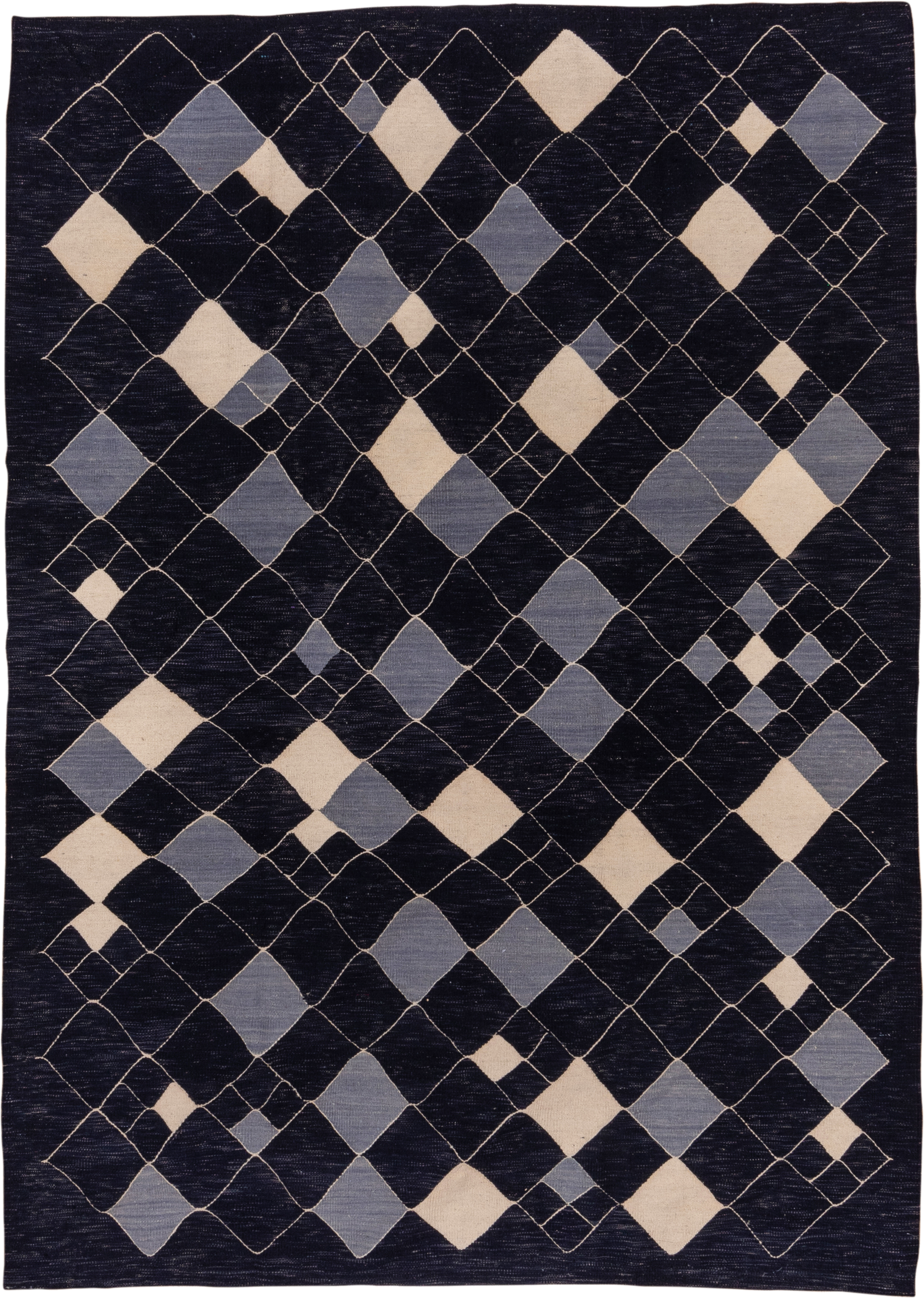 7' x 9' one-of-a-kind handmade vintage Kilim rug. Color palette: indigo, ivory, slate, purple, gray