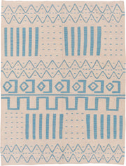 6' x 7' one-of-a-kind handmade vintage Kilim rug. Color palette: ivory, sky blue, light blue