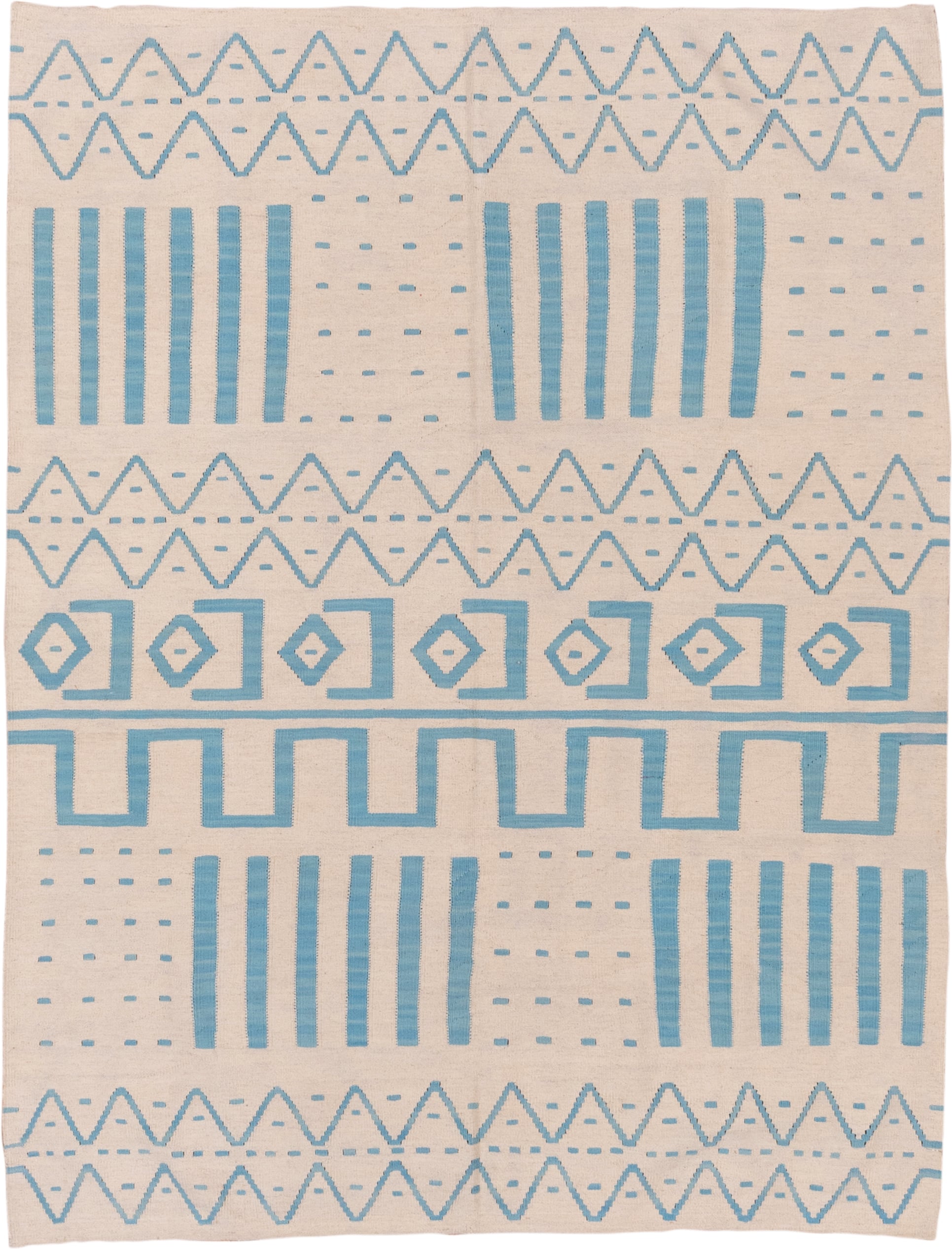 6' x 7' one-of-a-kind handmade vintage Kilim rug. Color palette: ivory, sky blue, light blue