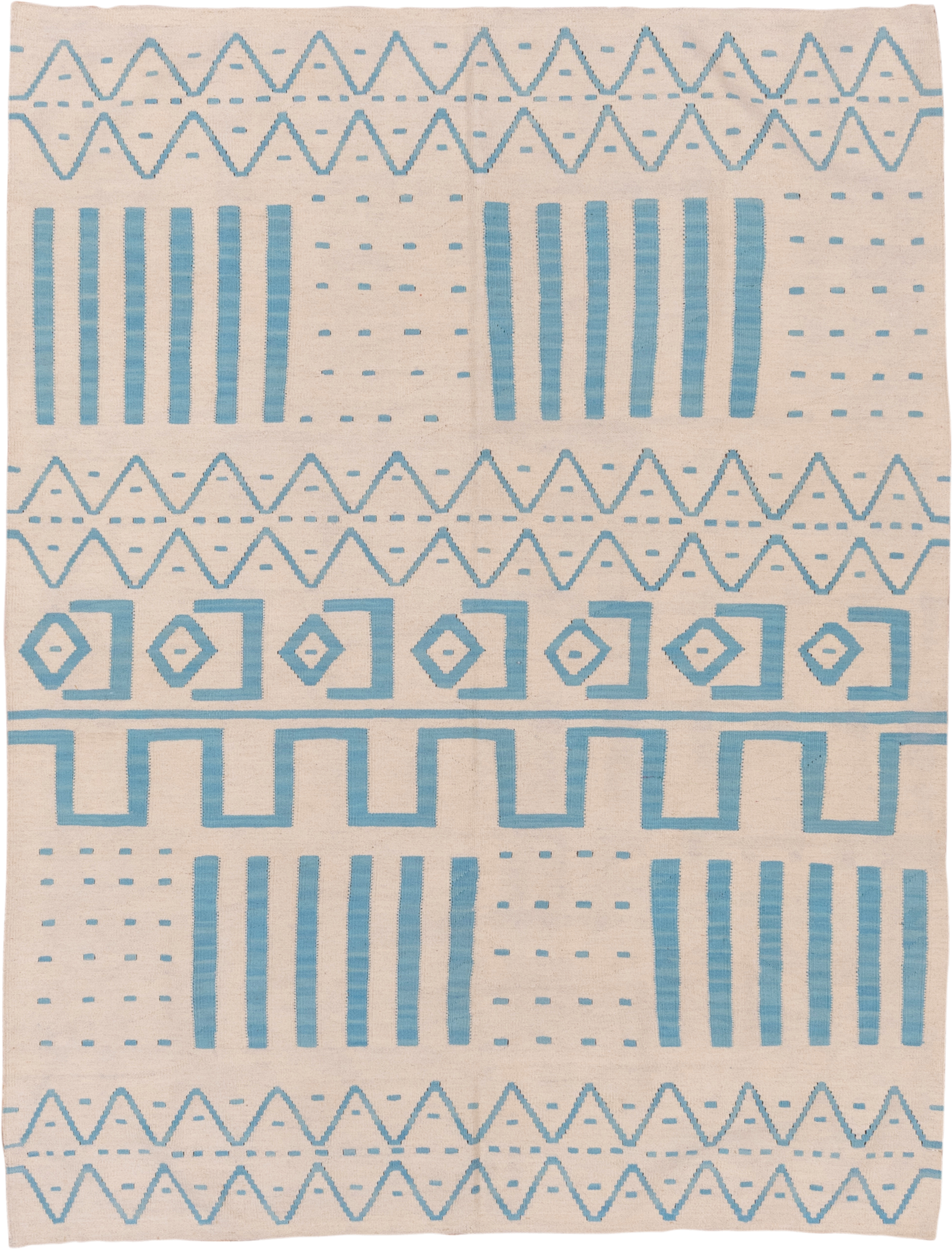 6' x 7' one-of-a-kind handmade vintage Kilim rug. Color palette: ivory, sky blue, light blue