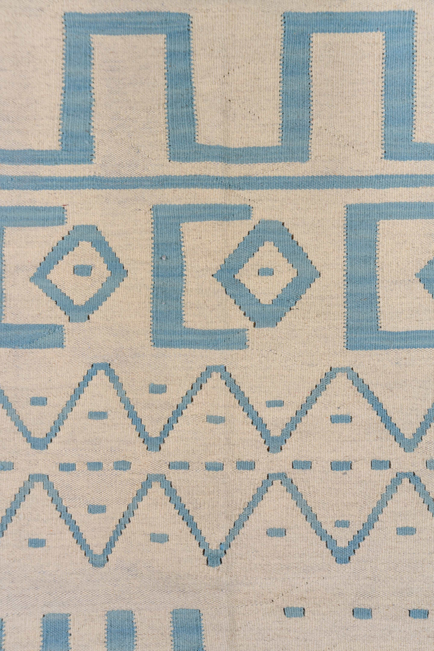 6' x 7' one-of-a-kind handmade vintage Kilim rug. Color palette: ivory, sky blue, light blue