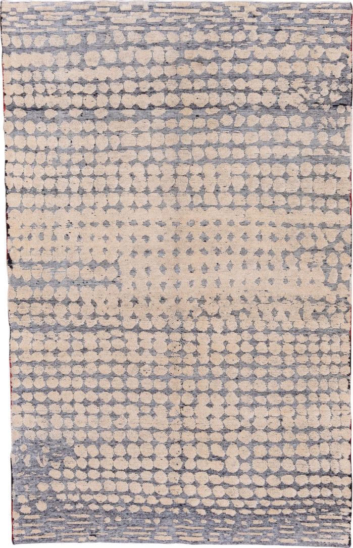 5' x 8' one-of-a-kind handmade handmade Modern medium size rug. Color palette: ivory, slate, gray, charcoal, black