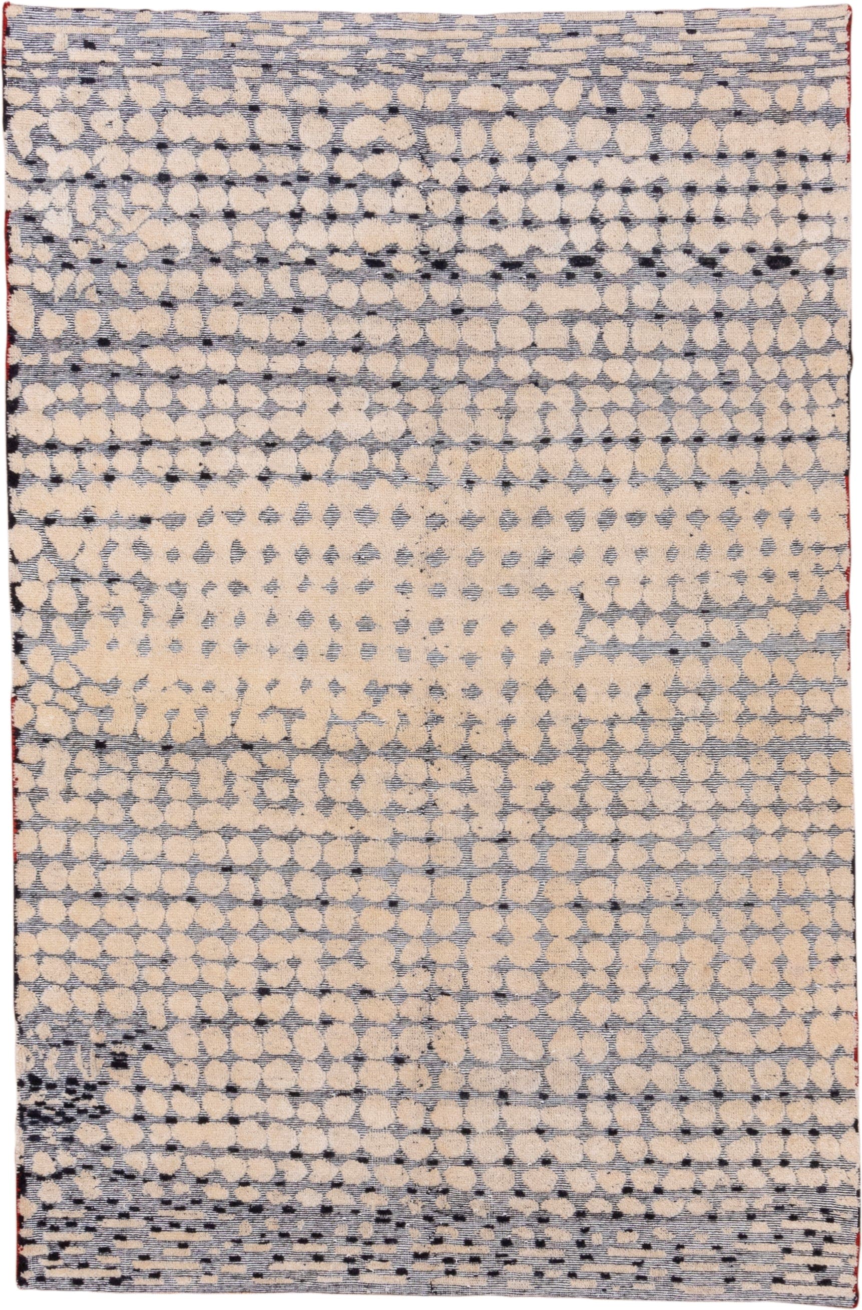 5' x 8' one-of-a-kind handmade handmade Modern medium size rug. Color palette: ivory, slate, charcoal, cream, rose, gray