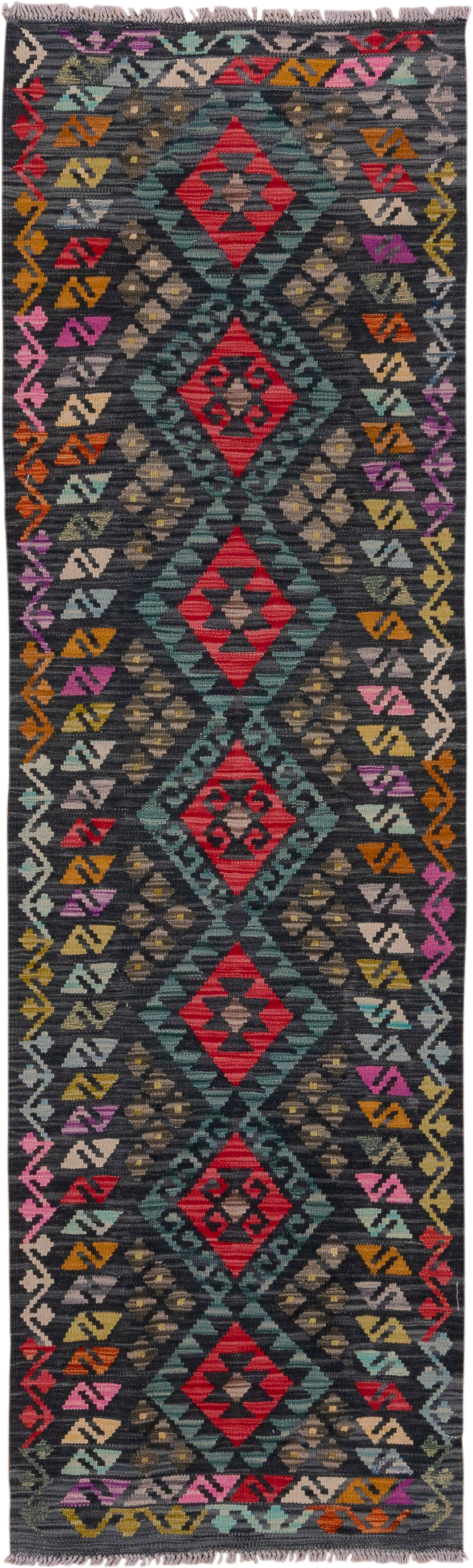 2' x 8' one-of-a-kind handmade vintage Kilim runner rug. Color palette: charcoal, teal, crimson, saffron, ivory, pink, taupe