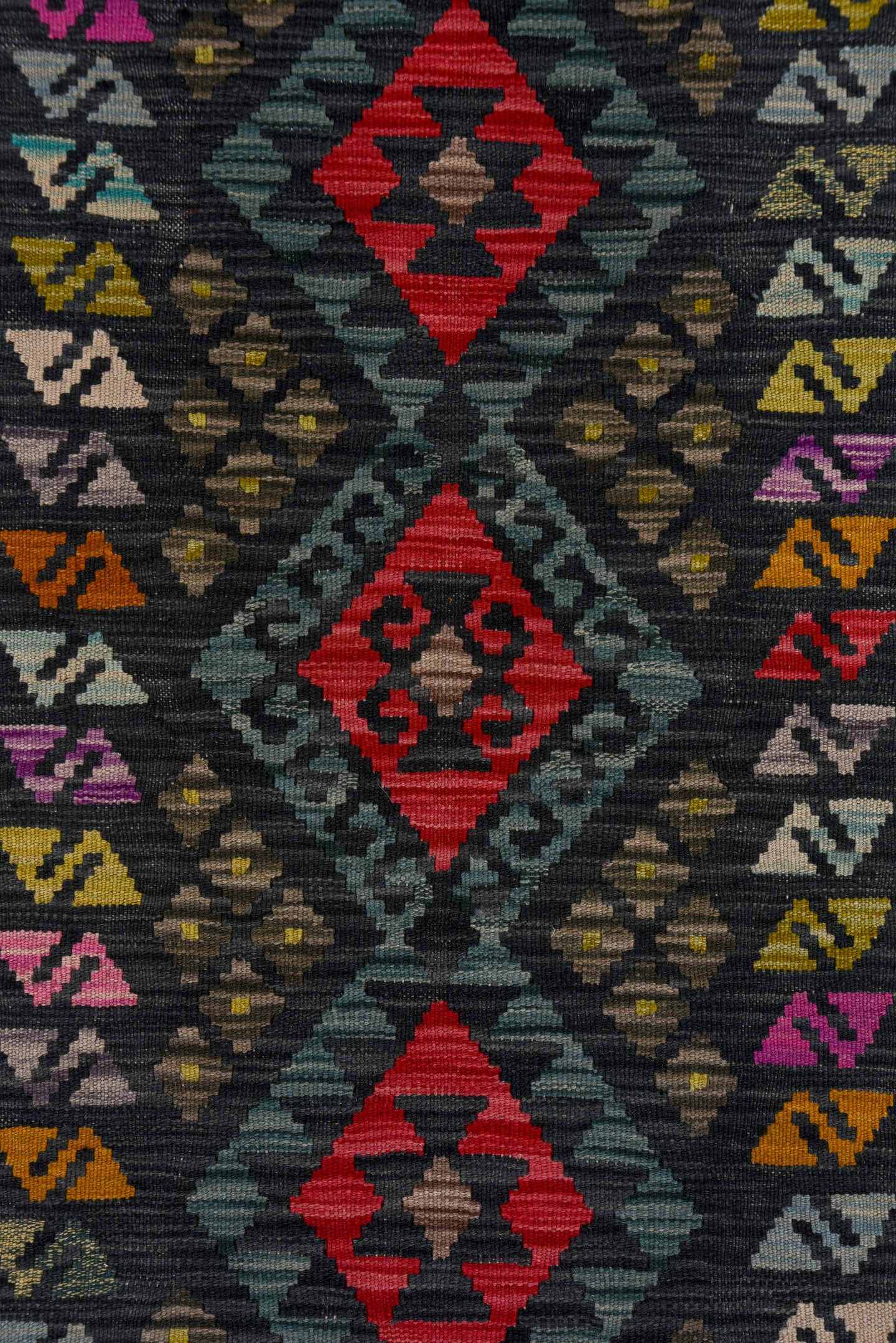 2' x 8' one-of-a-kind handmade vintage Kilim runner rug. Color palette: charcoal, teal, crimson, saffron, ivory, pink, taupe