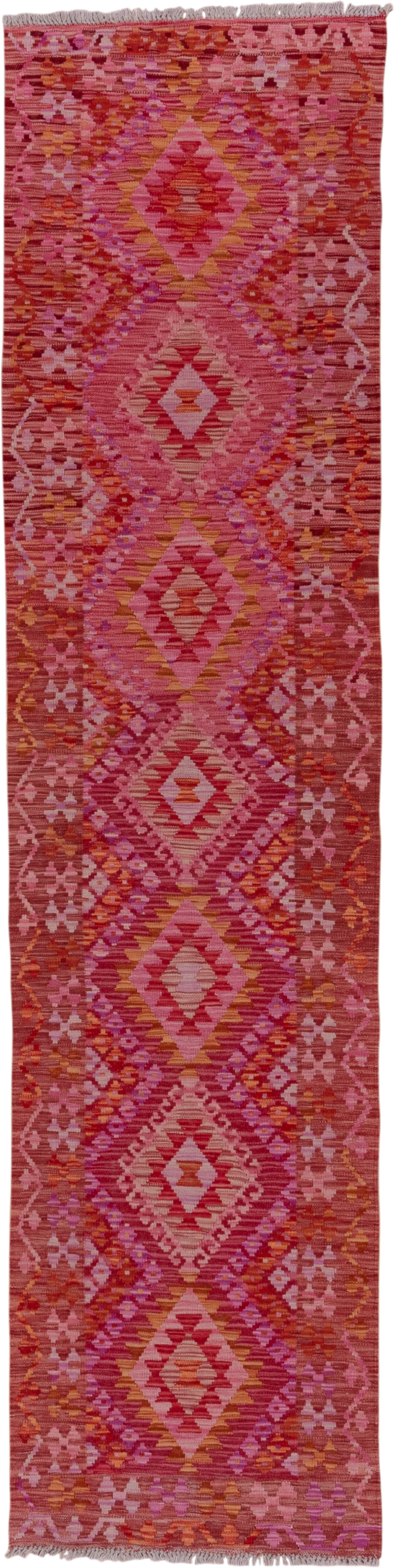2' x 9' one-of-a-kind handmade vintage Kilim runner rug. Color palette: rose, pink, rust, magenta, terra cotta, ivory