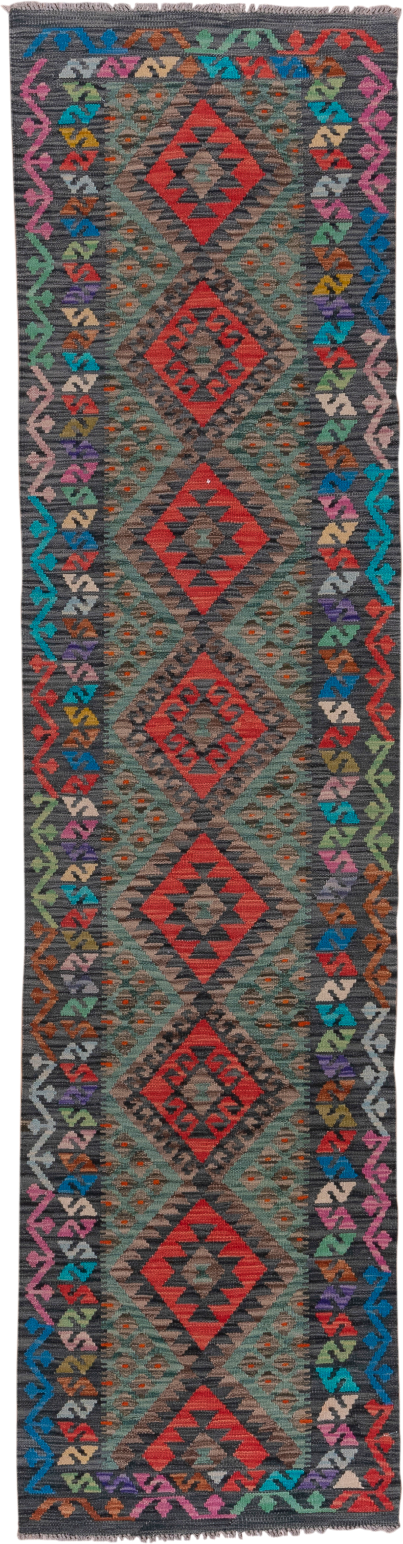 2' x 9' one-of-a-kind handmade vintage Kilim runner rug. Color palette: charcoal, crimson, turquoise, coral, ivory, lavender