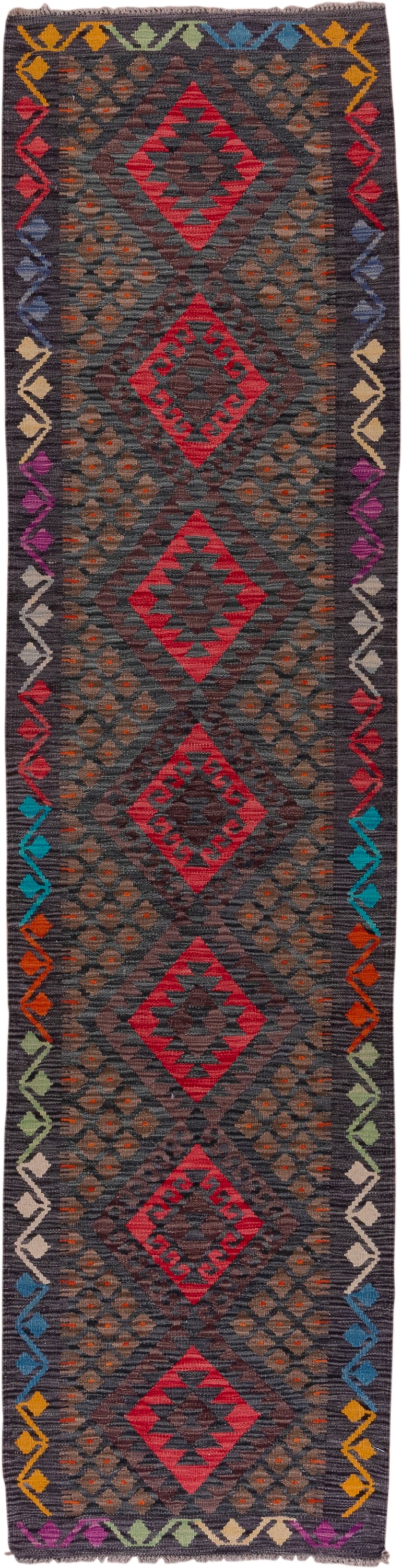 2' x 9' one-of-a-kind handmade vintage Kilim runner rug. Color palette: charcoal, crimson, rust, turquoise, ivory, gold