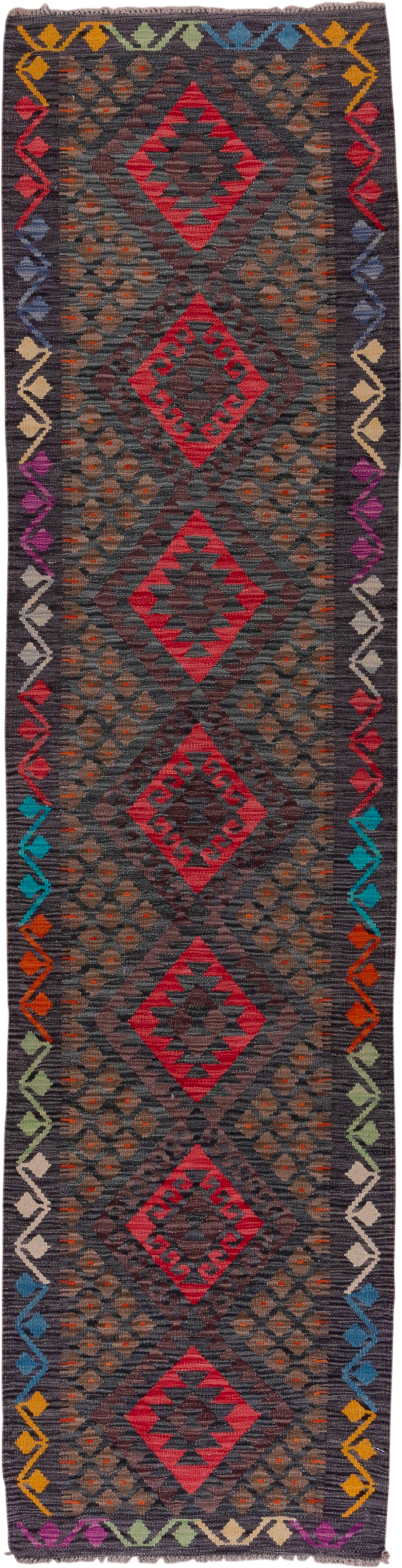 2' x 9' one-of-a-kind handmade vintage Kilim runner rug. Color palette: charcoal, crimson, rust, turquoise, ivory, gold