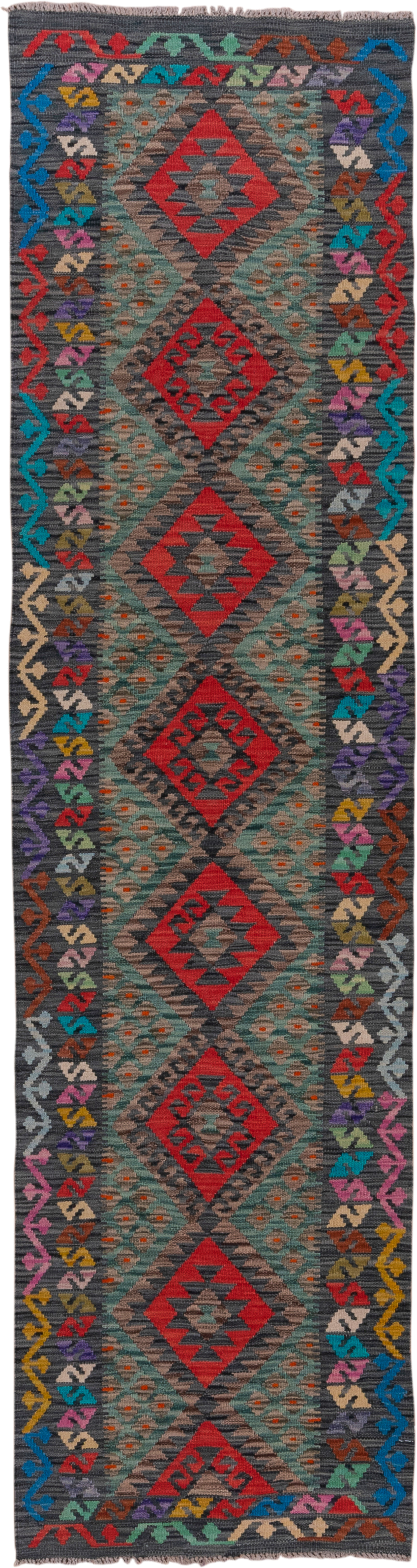 2' x 9' one-of-a-kind handmade vintage Kilim runner rug. Color palette: teal, charcoal, crimson, cobalt, taupe, lavender
