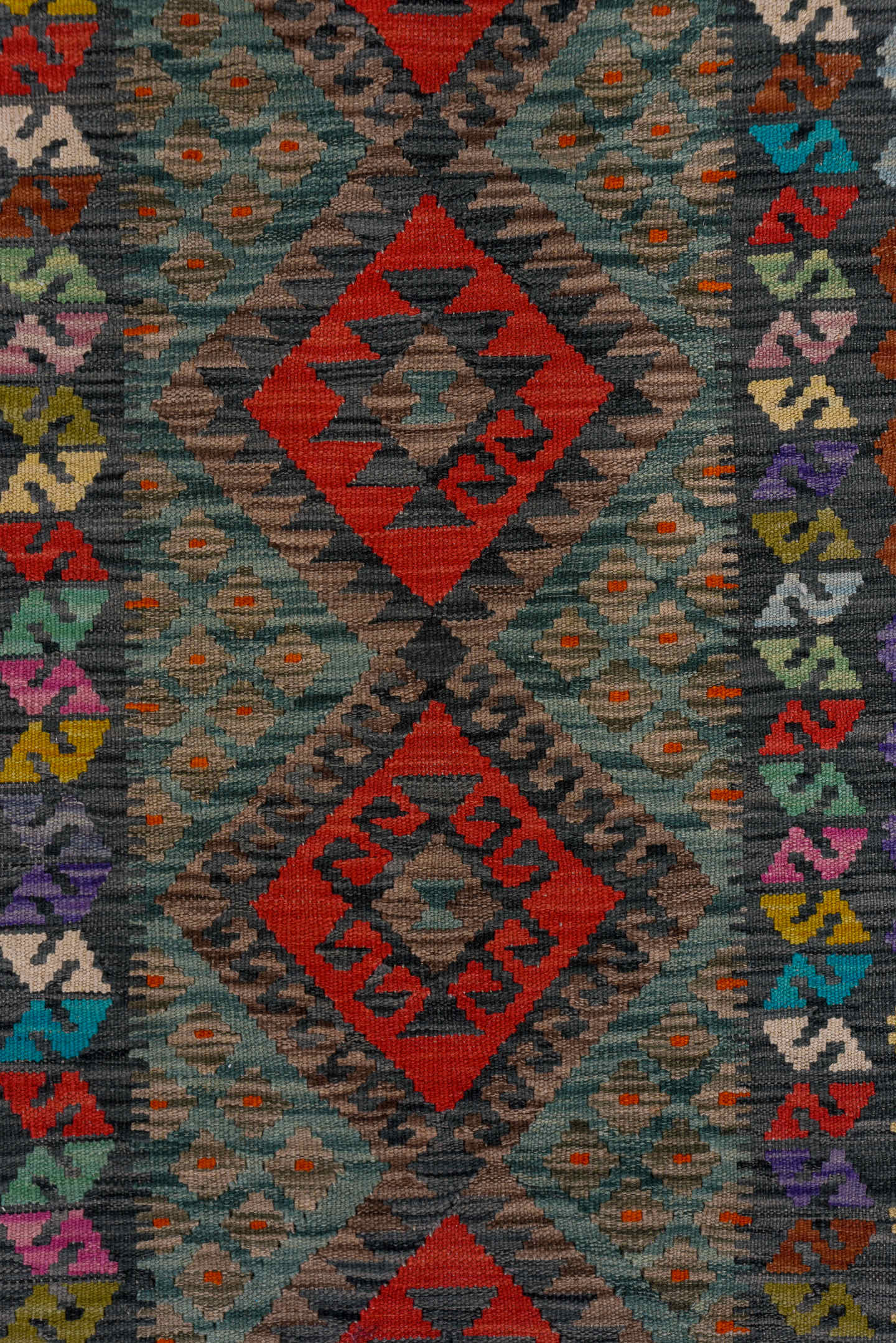 2' x 9' one-of-a-kind handmade vintage Kilim runner rug. Color palette: teal, charcoal, crimson, cobalt, taupe, lavender