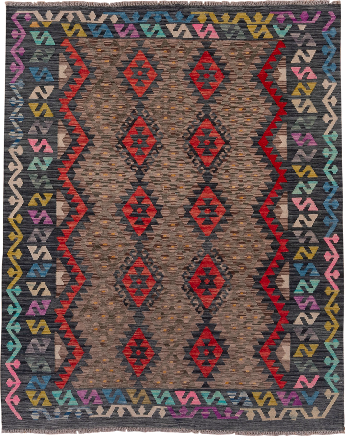 5' x 6' one-of-a-kind handmade vintage Kilim rug. Color palette: taupe, charcoal, crimson, turquoise, gold, ivory, pink