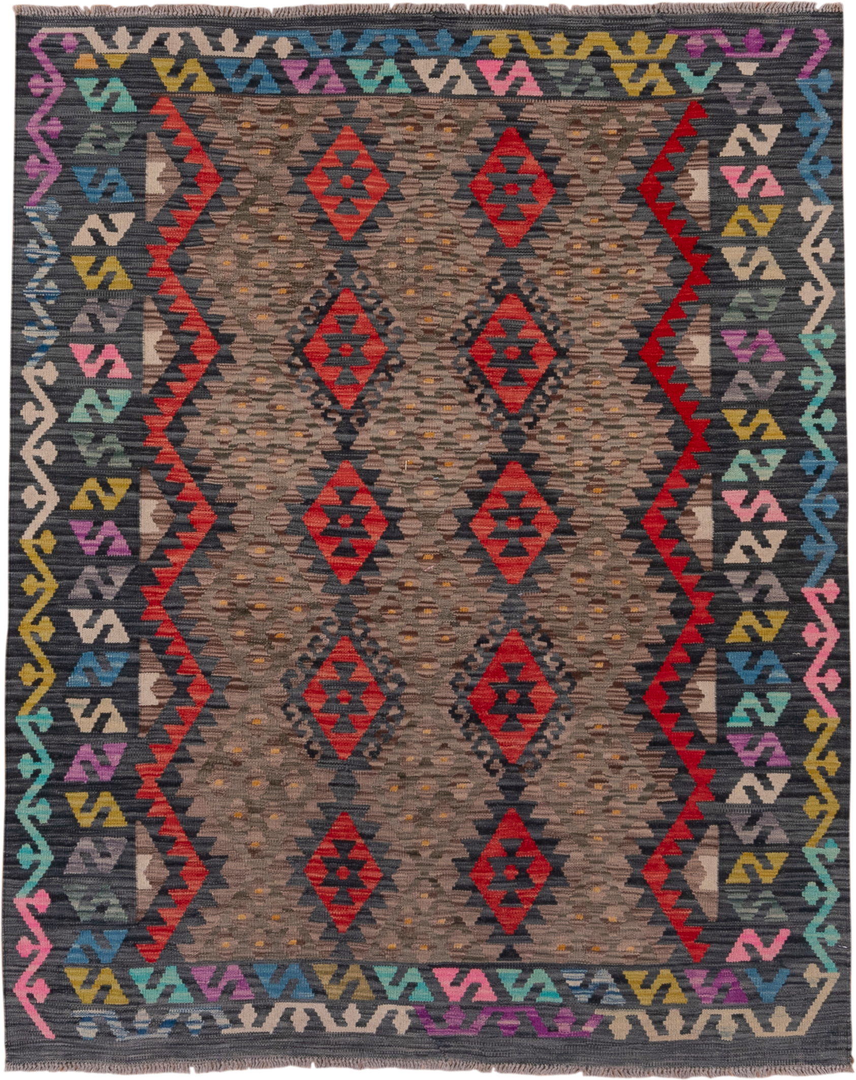 5' x 6' one-of-a-kind handmade vintage Kilim rug. Color palette: taupe, charcoal, crimson, turquoise, gold, ivory, pink