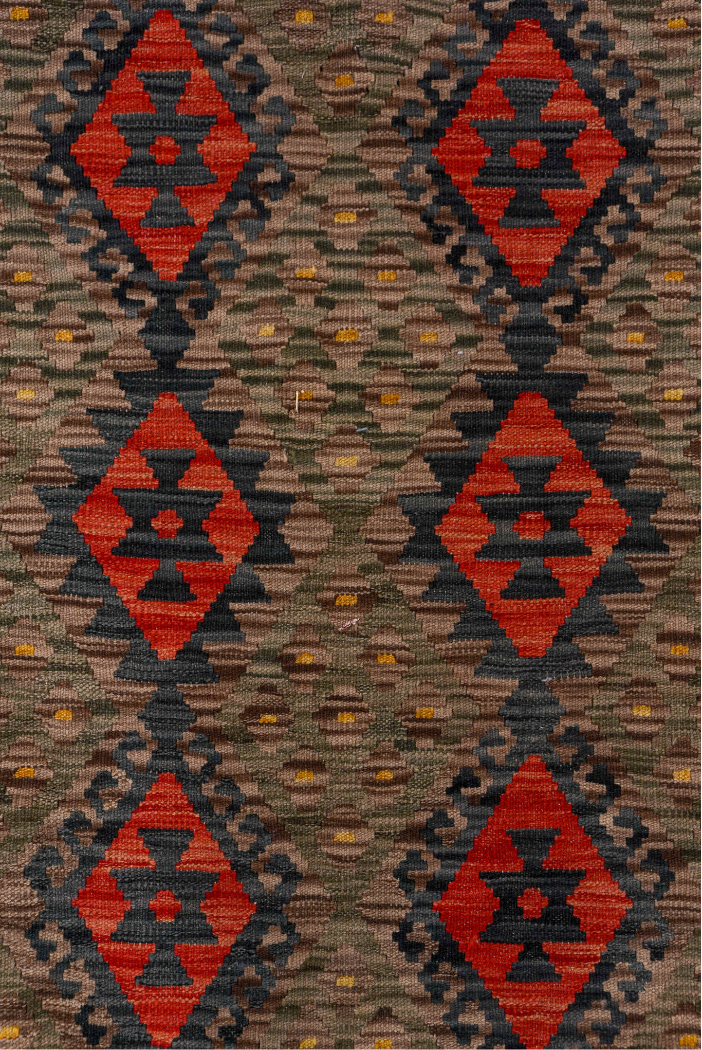 5' x 6' one-of-a-kind handmade vintage Kilim rug. Color palette: taupe, charcoal, crimson, turquoise, gold, ivory, pink