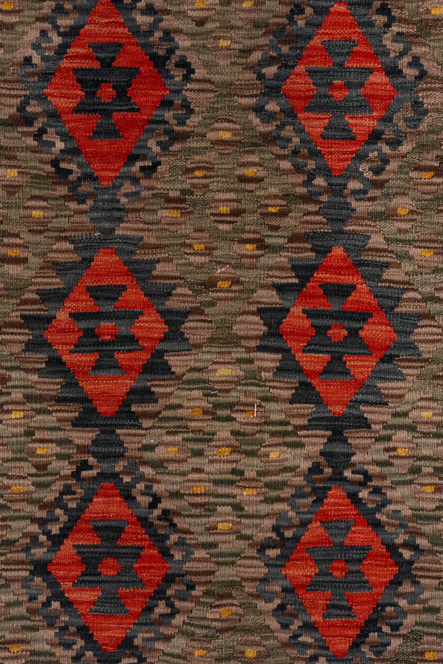 5' x 6' one-of-a-kind handmade vintage Kilim rug. Color palette: taupe, charcoal, crimson, turquoise, gold, ivory, pink