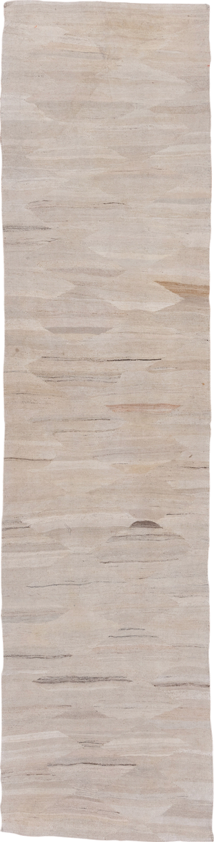2' x 10' one-of-a-kind handmade vintage Kilim runner rug. Color palette: ivory, beige, taupe, camel, greige, charcoal, gray