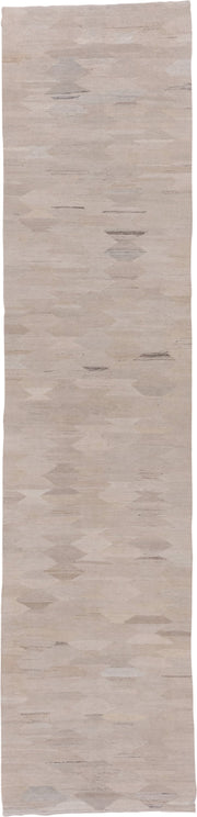 3' x 13' one-of-a-kind handmade vintage Kilim runner rug. Color palette: taupe, ivory, cream, pale_gray, beige, charcoal