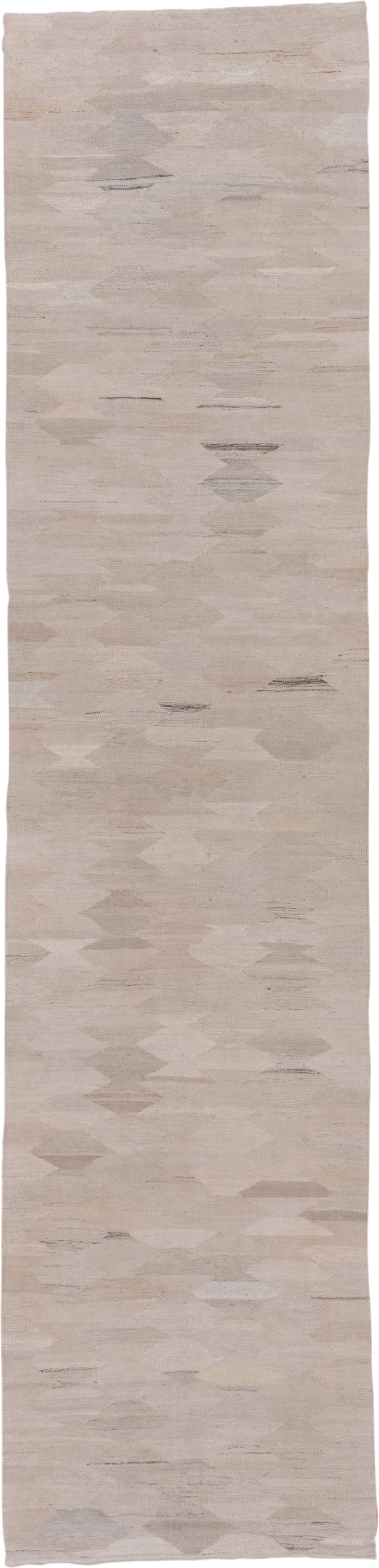 3' x 13' one-of-a-kind handmade vintage Kilim runner rug. Color palette: taupe, ivory, cream, pale_gray, beige, charcoal