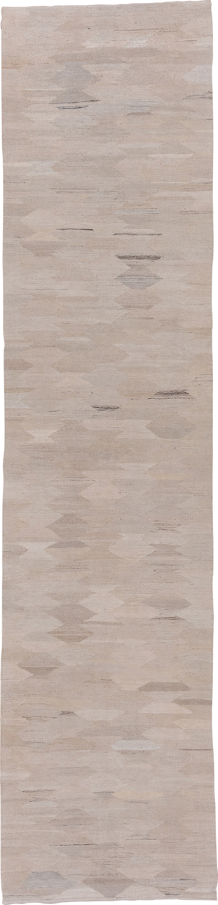 3' x 13' one-of-a-kind handmade vintage Kilim runner rug. Color palette: taupe, ivory, cream, pale_gray, beige, charcoal