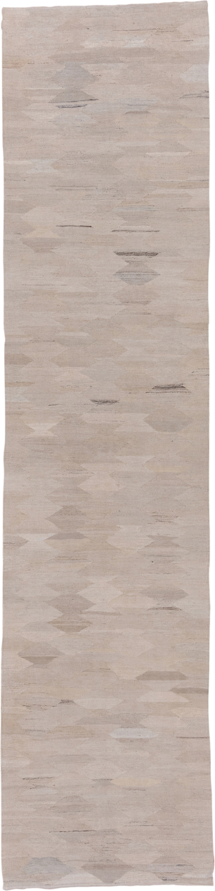3' x 13' one-of-a-kind handmade vintage Kilim runner rug. Color palette: taupe, ivory, cream, pale_gray, beige, charcoal