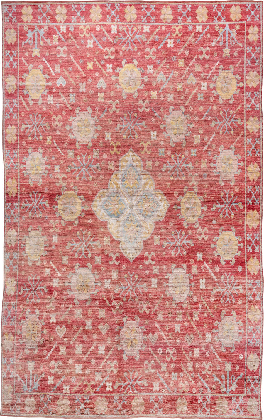 10' x 16' one-of-a-kind handmade vintage Oushak rug. Color palette: coral, ivory, pale blue, gold, salmon, beige, terracotta