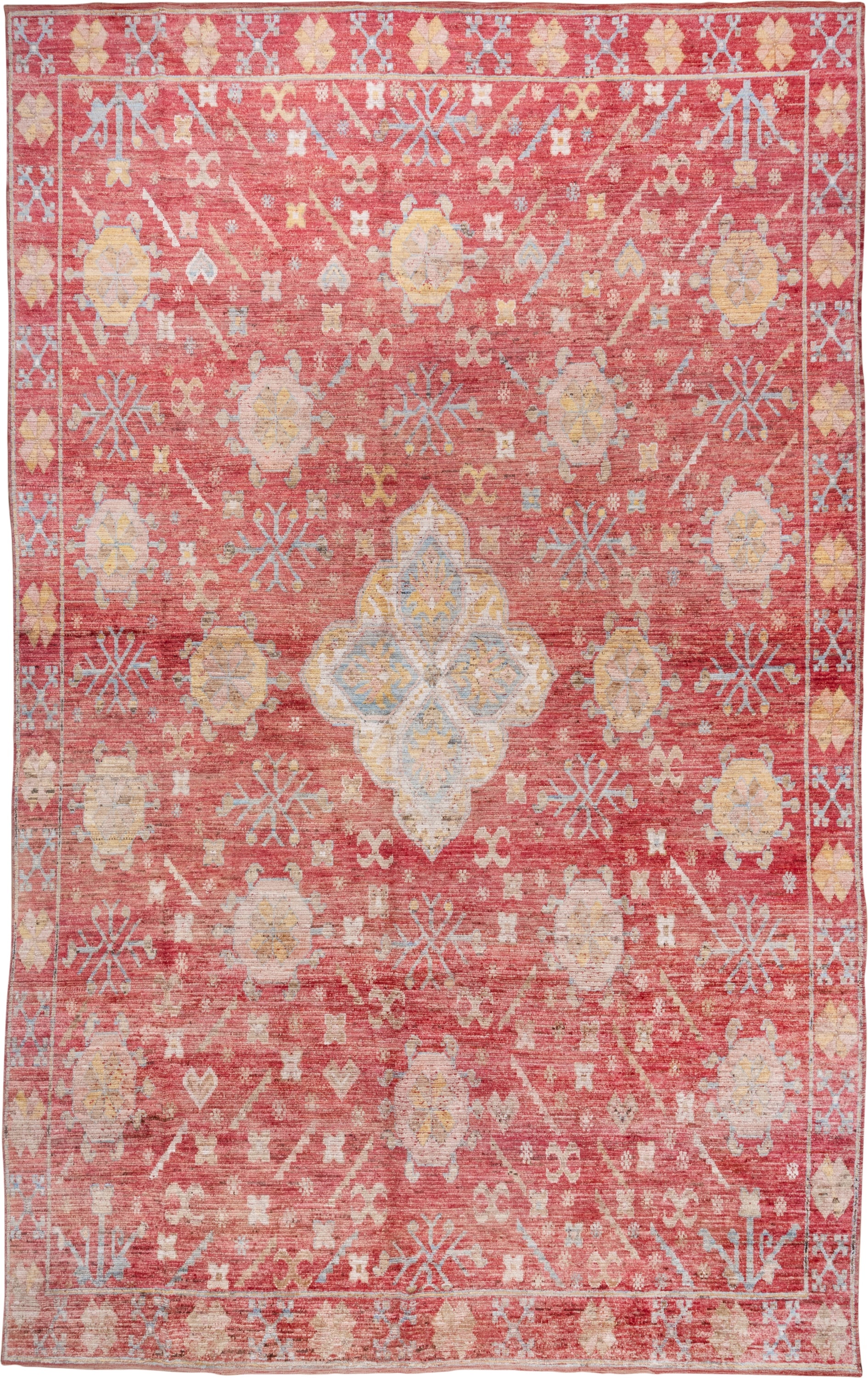 10' x 16' one-of-a-kind handmade vintage Oushak rug. Color palette: coral, ivory, pale blue, gold, salmon, beige, terracotta