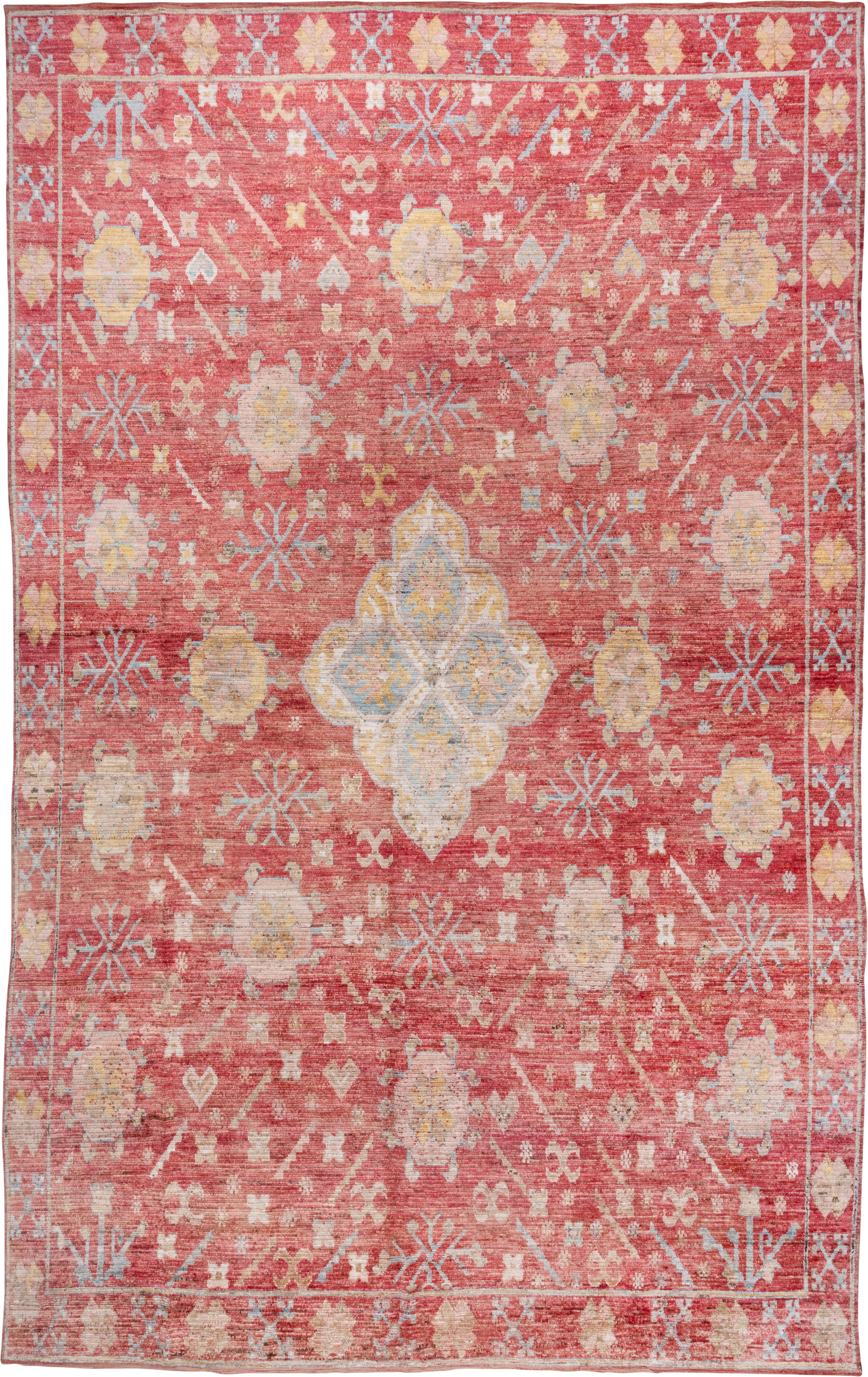 10' x 16' one-of-a-kind handmade vintage Oushak rug. Color palette: coral, ivory, pale blue, gold, salmon, beige, terracotta