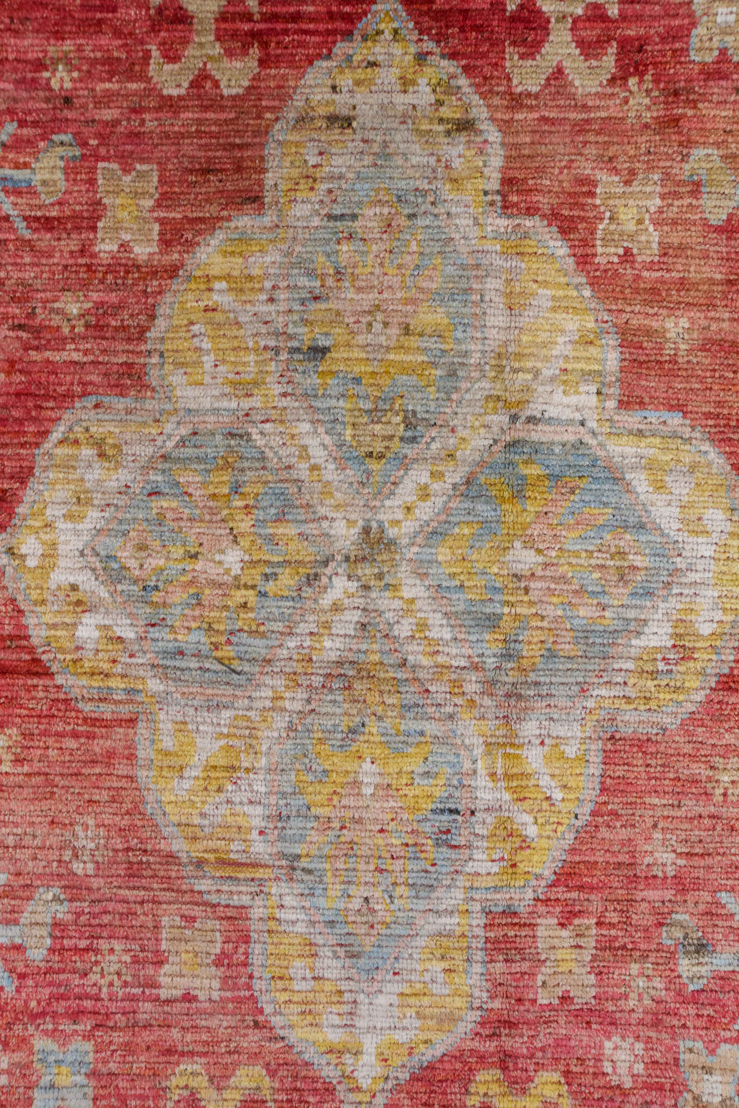 10' x 16' one-of-a-kind handmade vintage Oushak rug. Color palette: coral, ivory, pale blue, gold, salmon, beige, terracotta