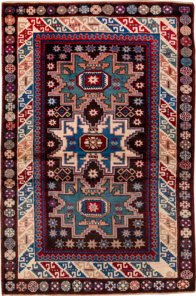 3' x 5' one-of-a-kind handmade antique Caucasian small size rug. Color palette: ivory, brown, sky blue, crimson, navy, rose