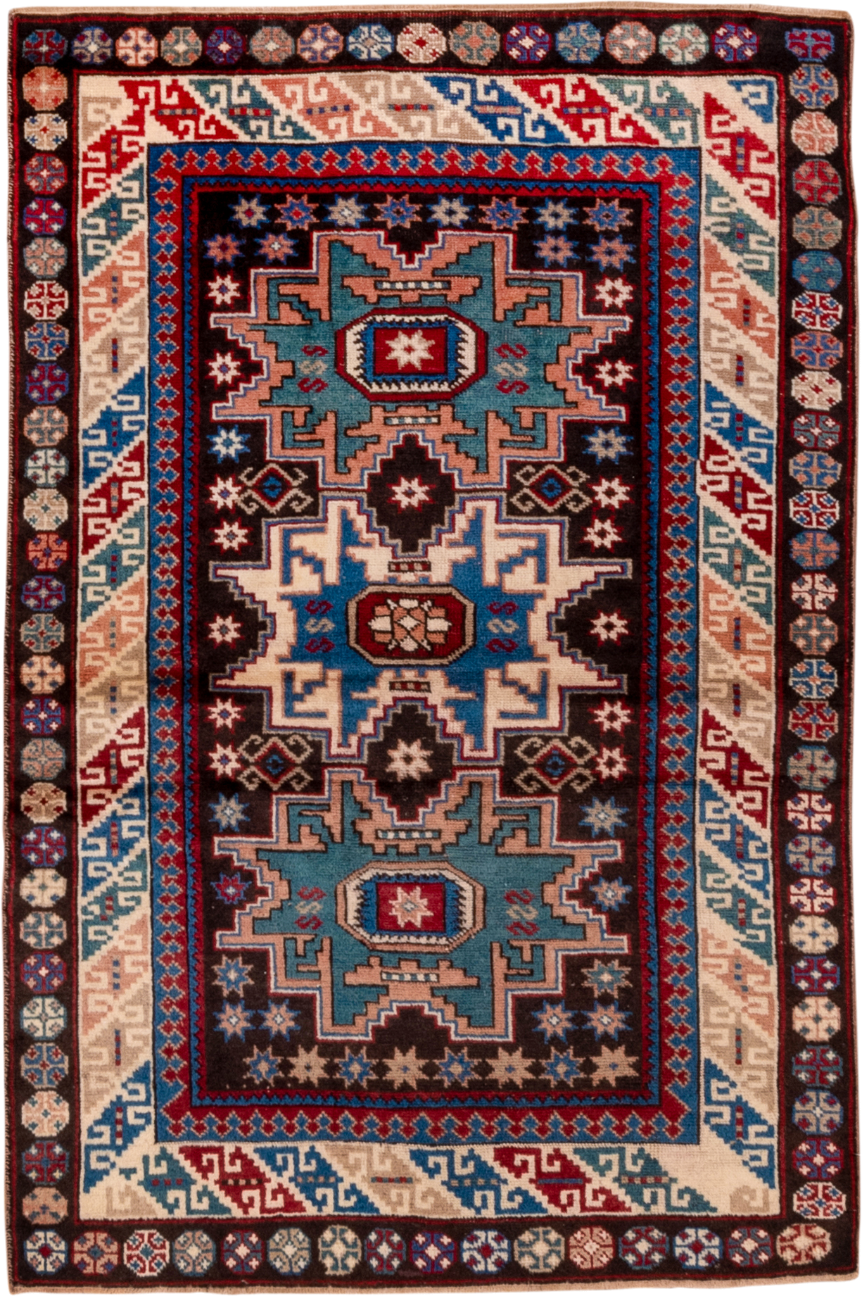 3' x 5' one-of-a-kind handmade antique Caucasian small size rug. Color palette: ivory, brown, sky blue, crimson, navy, rose