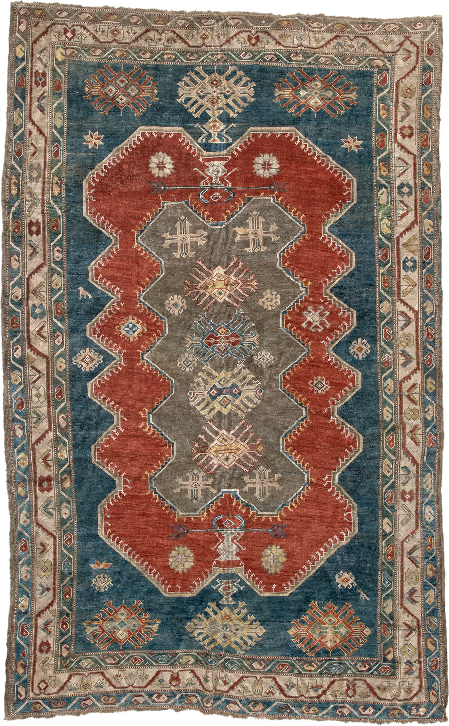 5' x 8' one-of-a-kind handmade antique Caucasian medium size rug. Color palette: teal, rust, ivory, taupe, terracotta, ochre