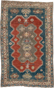 5' x 8' one-of-a-kind handmade antique Caucasian medium size rug. Color palette: teal, rust, ivory, taupe, terracotta, ochre