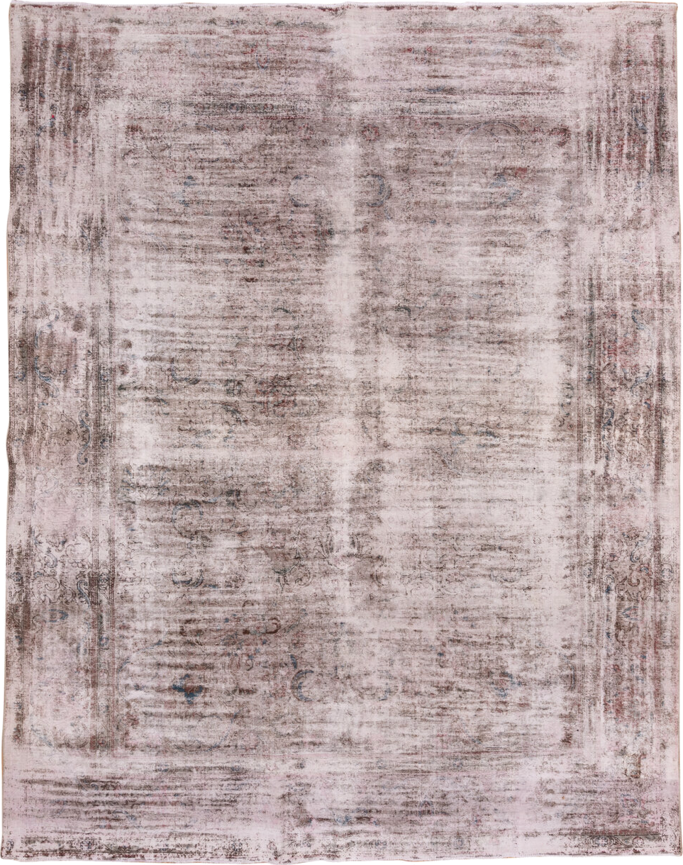 9' x 12' one-of-a-kind handmade vintage Overdyed large size rug. Color palette: blush, taupe, ivory, rose, brown, slate