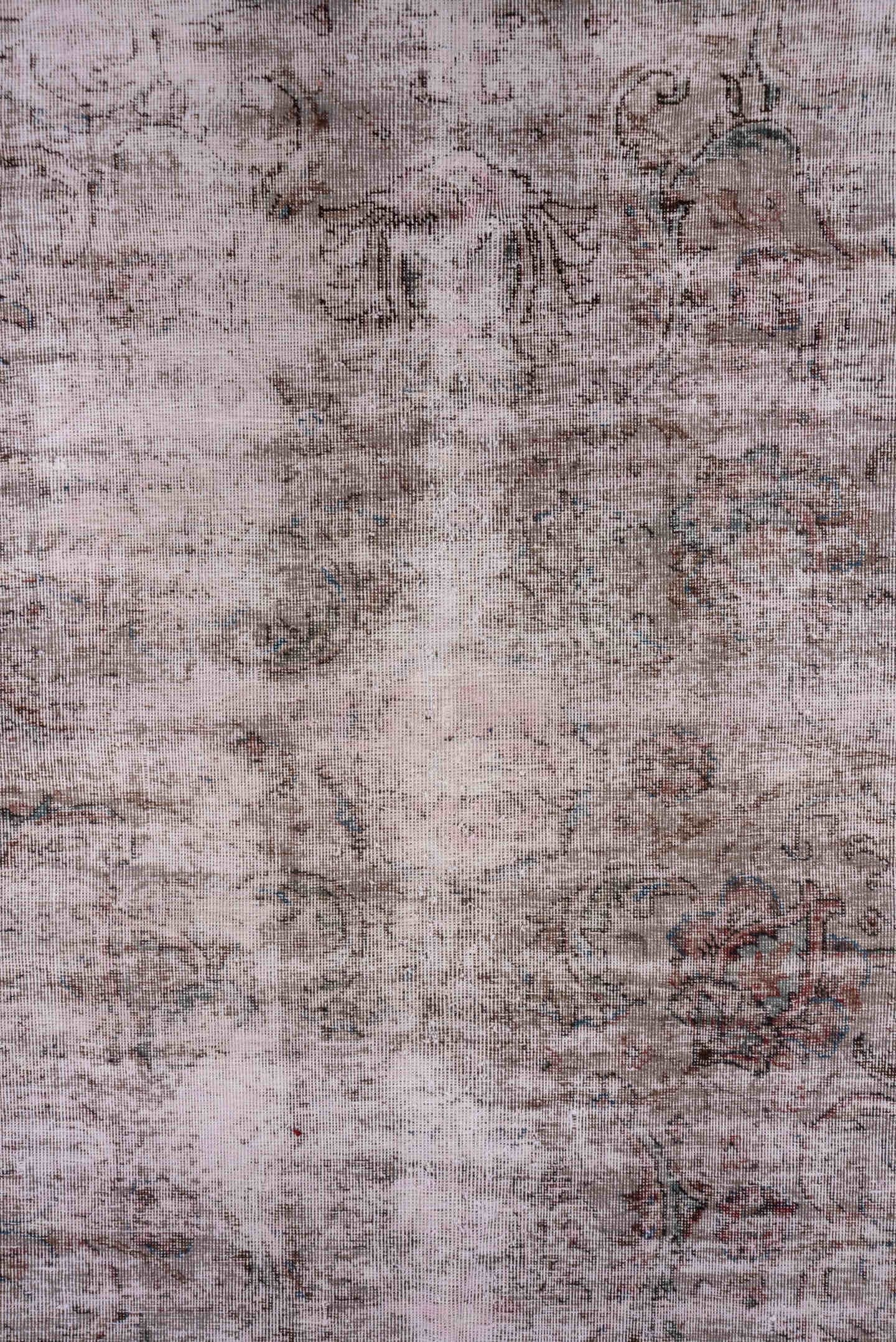 9' x 12' one-of-a-kind handmade vintage Overdyed large size rug. Color palette: blush, taupe, ivory, rose, brown, slate