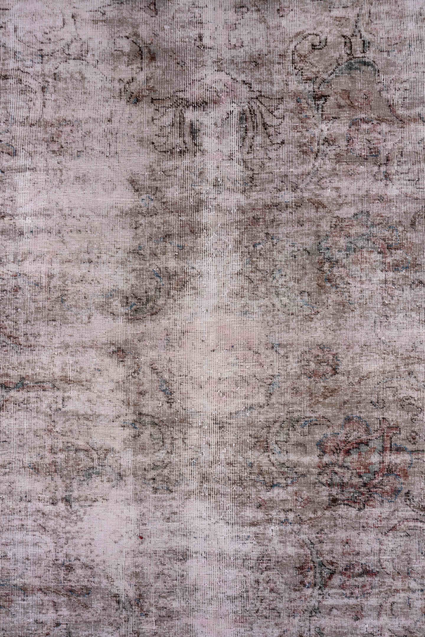 9' x 12' one-of-a-kind handmade vintage Overdyed large size rug. Color palette: blush, taupe, ivory, rose, brown, slate