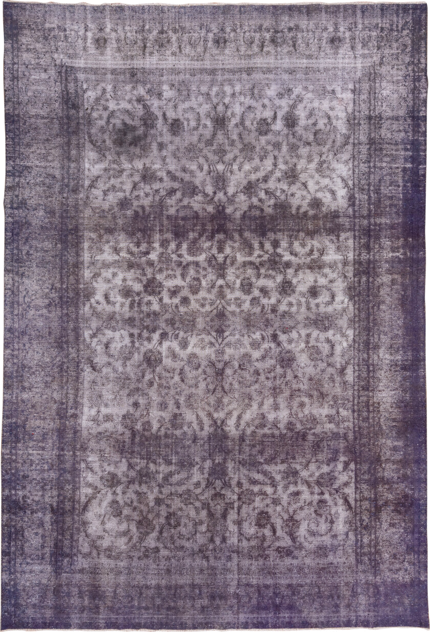 9' x 13' one-of-a-kind handmade vintage Sparta large size rug. Color palette: violet, lavender, charcoal, taupe, ivory, pink