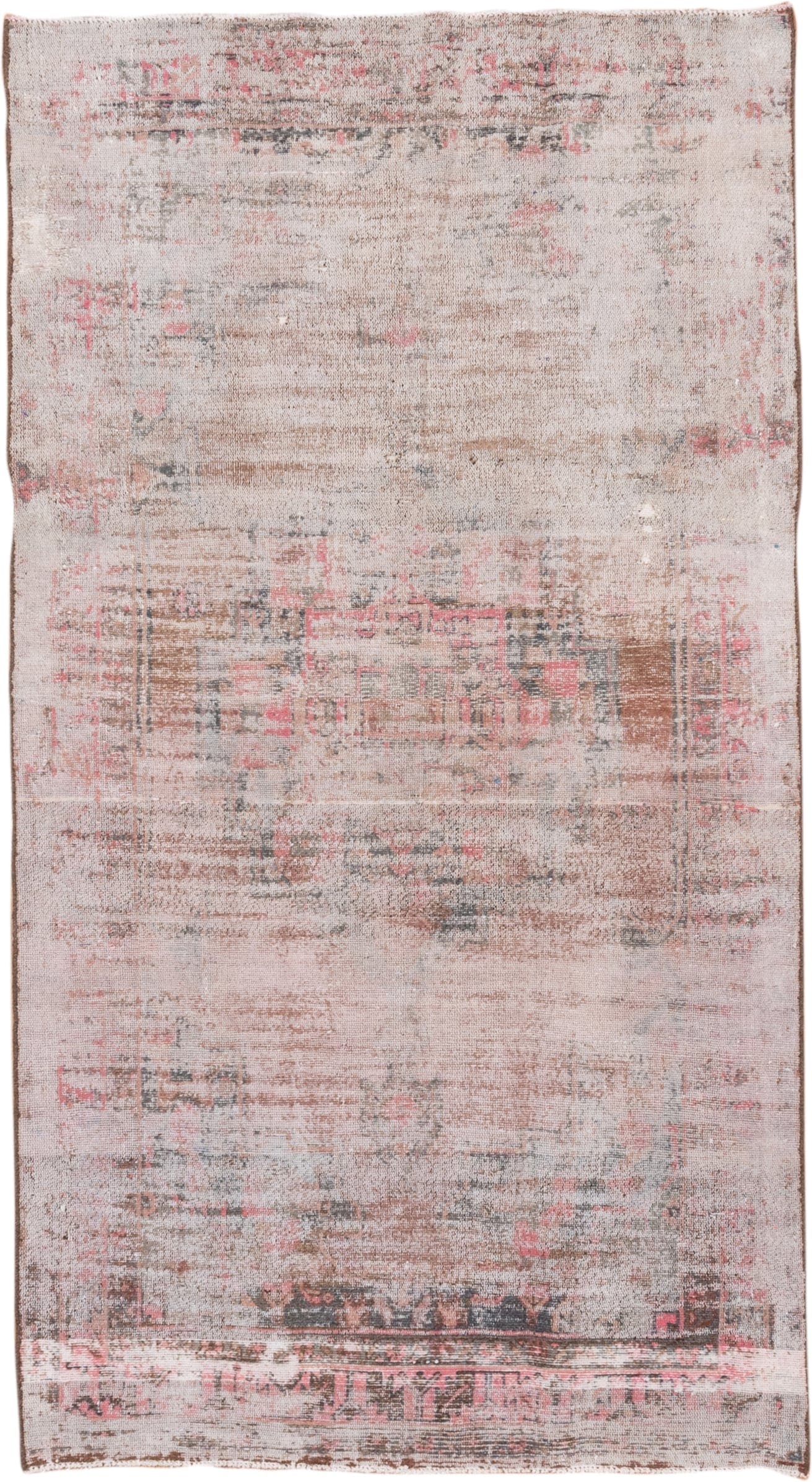 4' x 8' one-of-a-kind handmade vintage Overdyed rug. Color palette: ivory, blush, taupe, charcoal, rose, brown, pink, beige