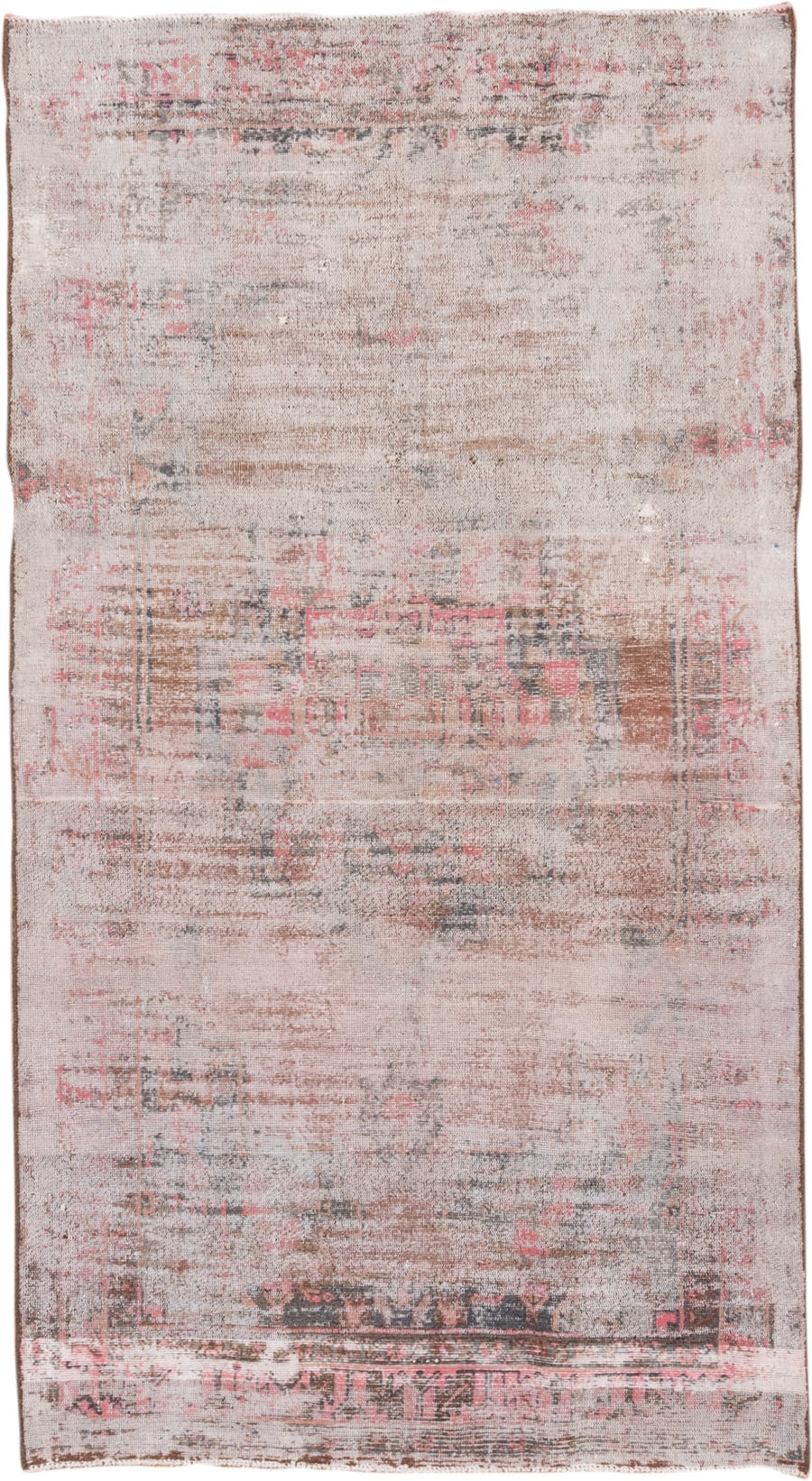 4' x 8' one-of-a-kind handmade vintage Overdyed rug. Color palette: ivory, blush, taupe, charcoal, rose, brown, pink, beige