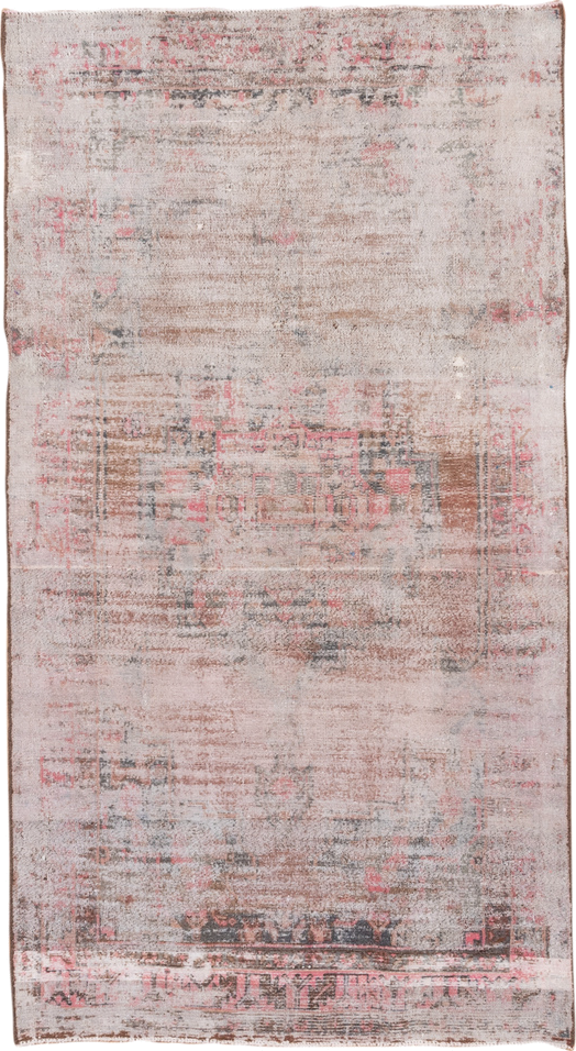 4' x 8' one-of-a-kind handmade vintage Overdyed rug. Color palette: ivory, blush, taupe, charcoal, rose, brown, pink, beige