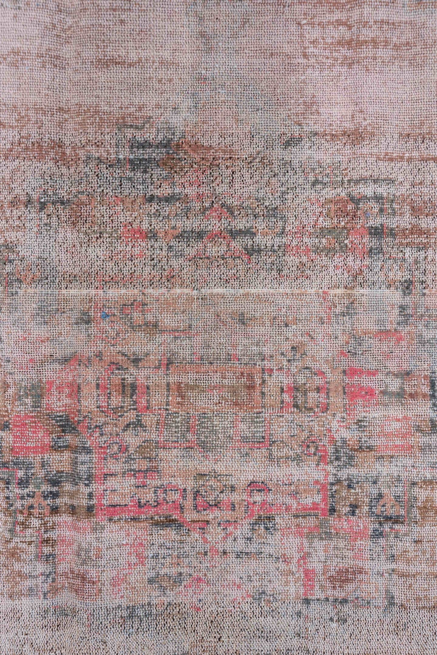 4' x 8' one-of-a-kind handmade vintage Overdyed rug. Color palette: ivory, blush, taupe, charcoal, rose, brown, pink, beige
