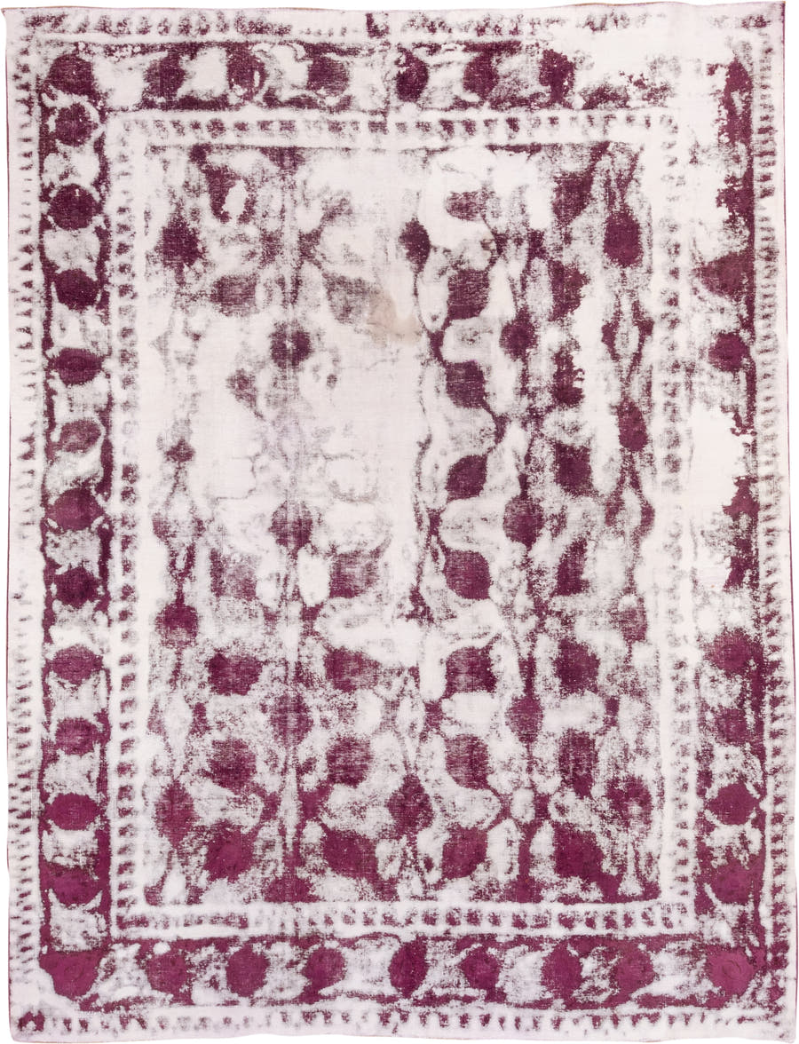 9' x 12' one-of-a-kind handmade vintage Overdyed large size rug. Color palette: ivory, plum, rose, taupe, pink, purple, red
