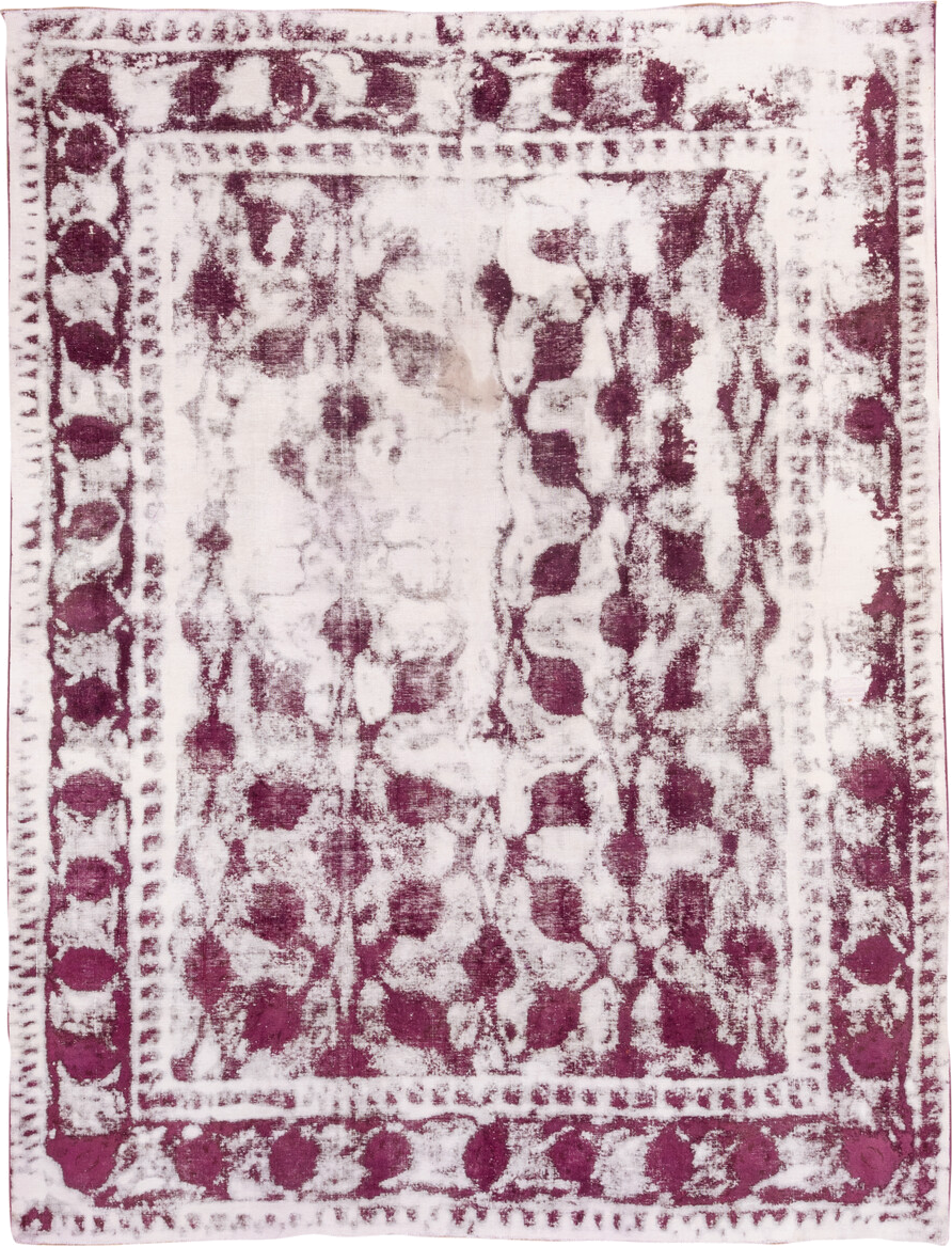 9' x 12' one-of-a-kind handmade vintage Overdyed large size rug. Color palette: ivory, plum, rose, taupe, pink, purple, red