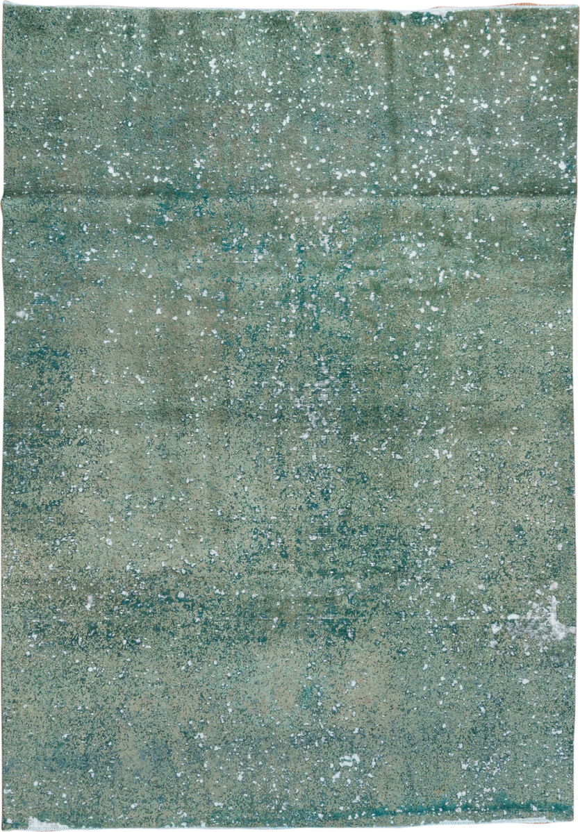 7' x 11' one-of-a-kind handmade vintage Overdyed large size rug. Color palette: sage, seafoam, ivory, teal, green