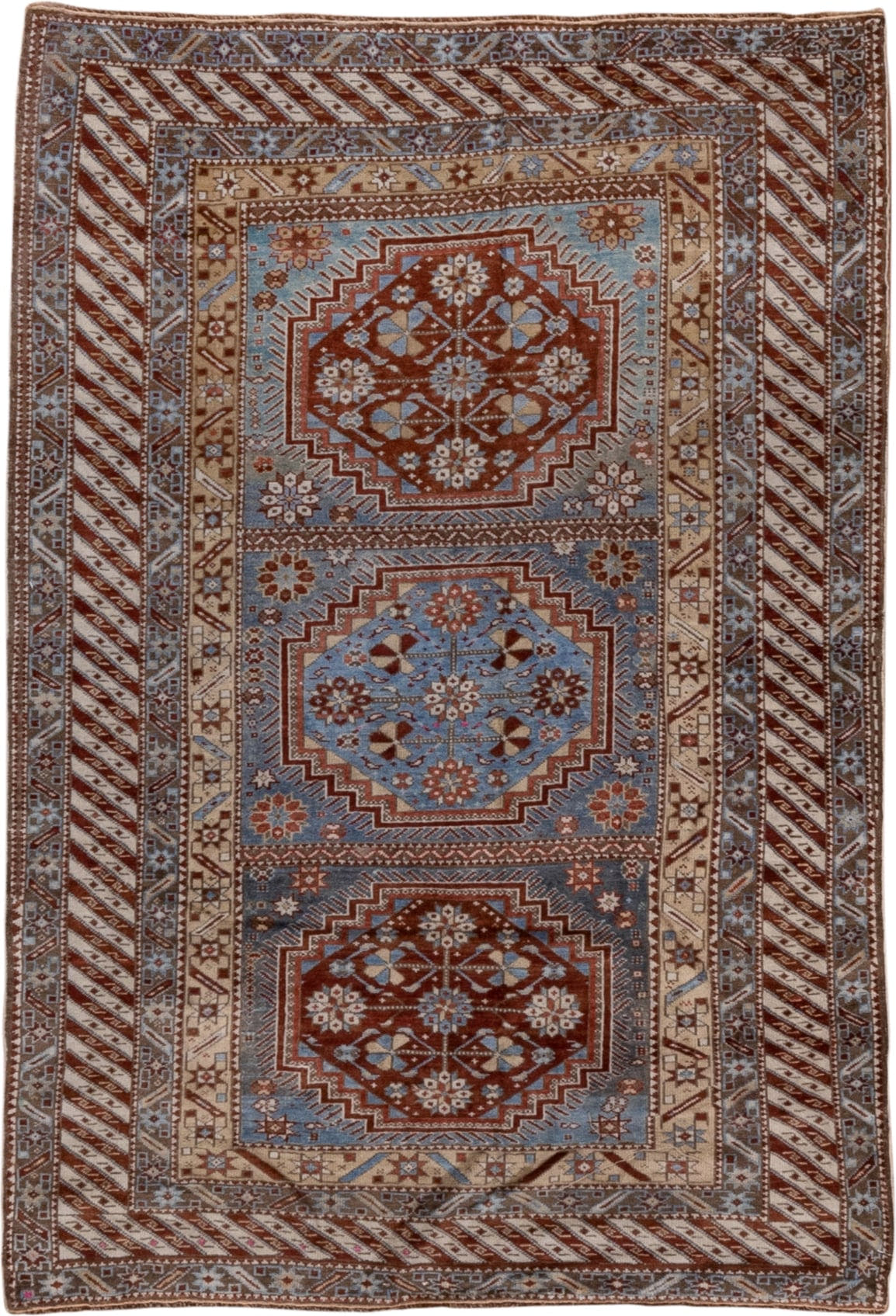 3' x 5' one-of-a-kind handmade antique Shirvan small size rug. Color palette: sky blue, rust, brown, ivory, slate, camel