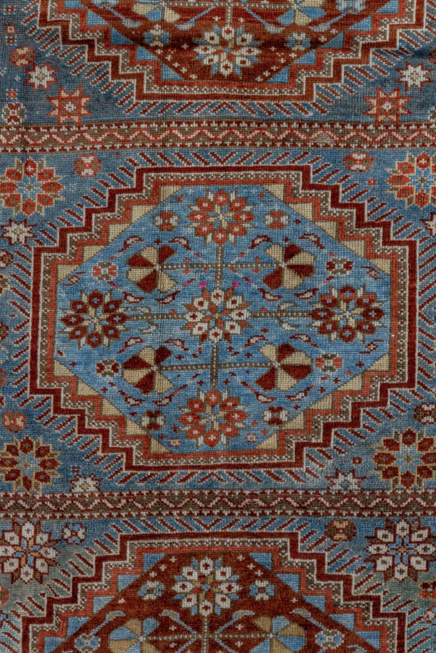 3' x 5' one-of-a-kind handmade antique Shirvan small size rug. Color palette: sky blue, rust, brown, ivory, slate, camel