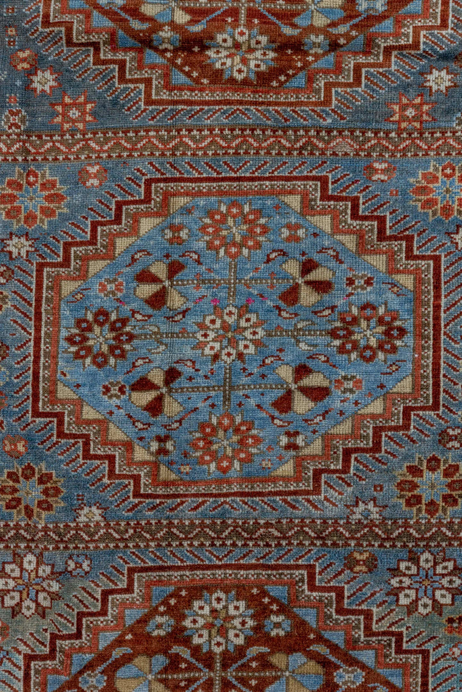3' x 5' one-of-a-kind handmade antique Shirvan small size rug. Color palette: sky blue, rust, brown, ivory, slate, camel
