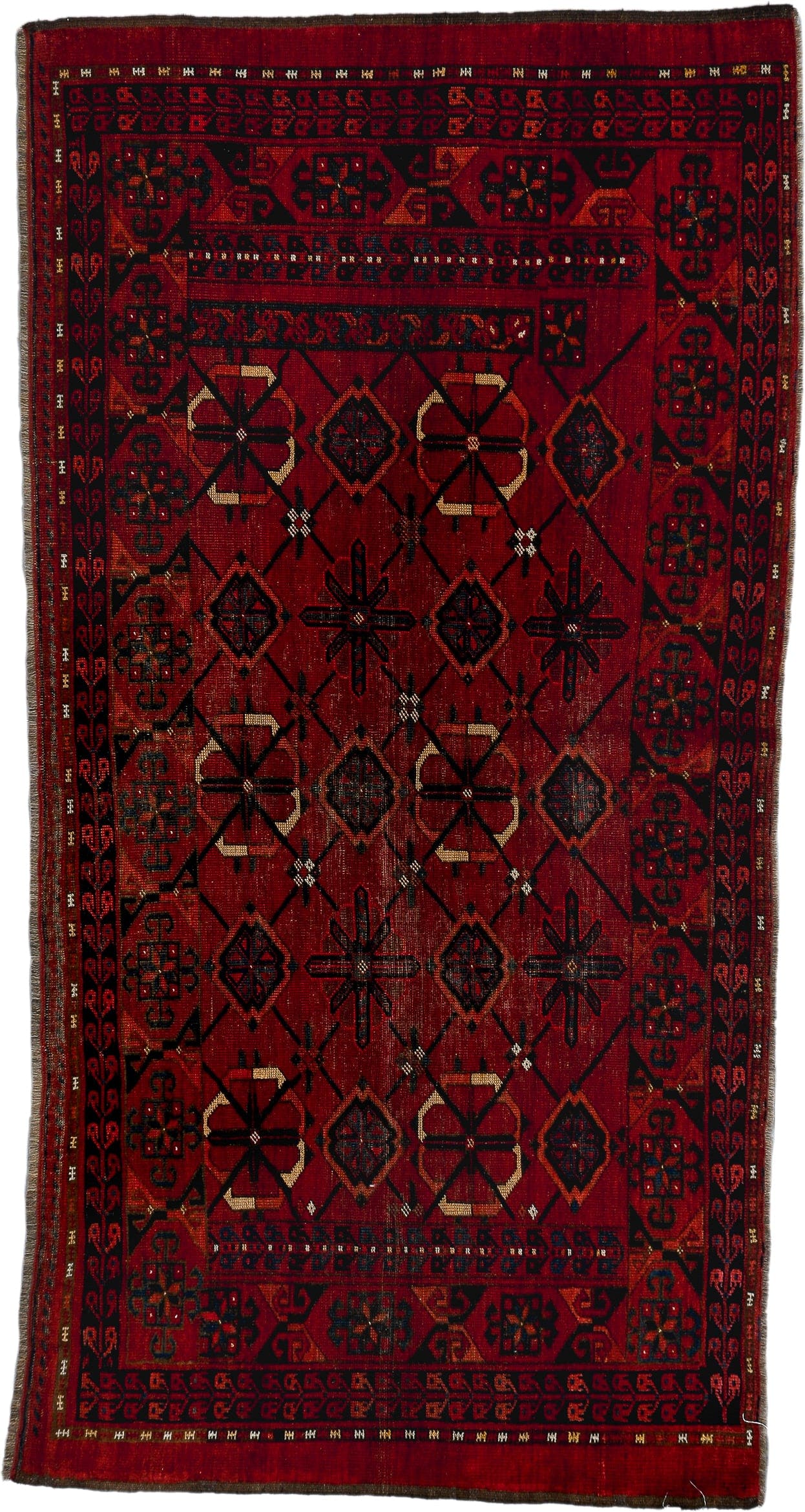 3' x 6' one-of-a-kind handmade vintage Torkaman small size rug. Color palette: red, burgundy, navy, ivory, rust, charcoal
