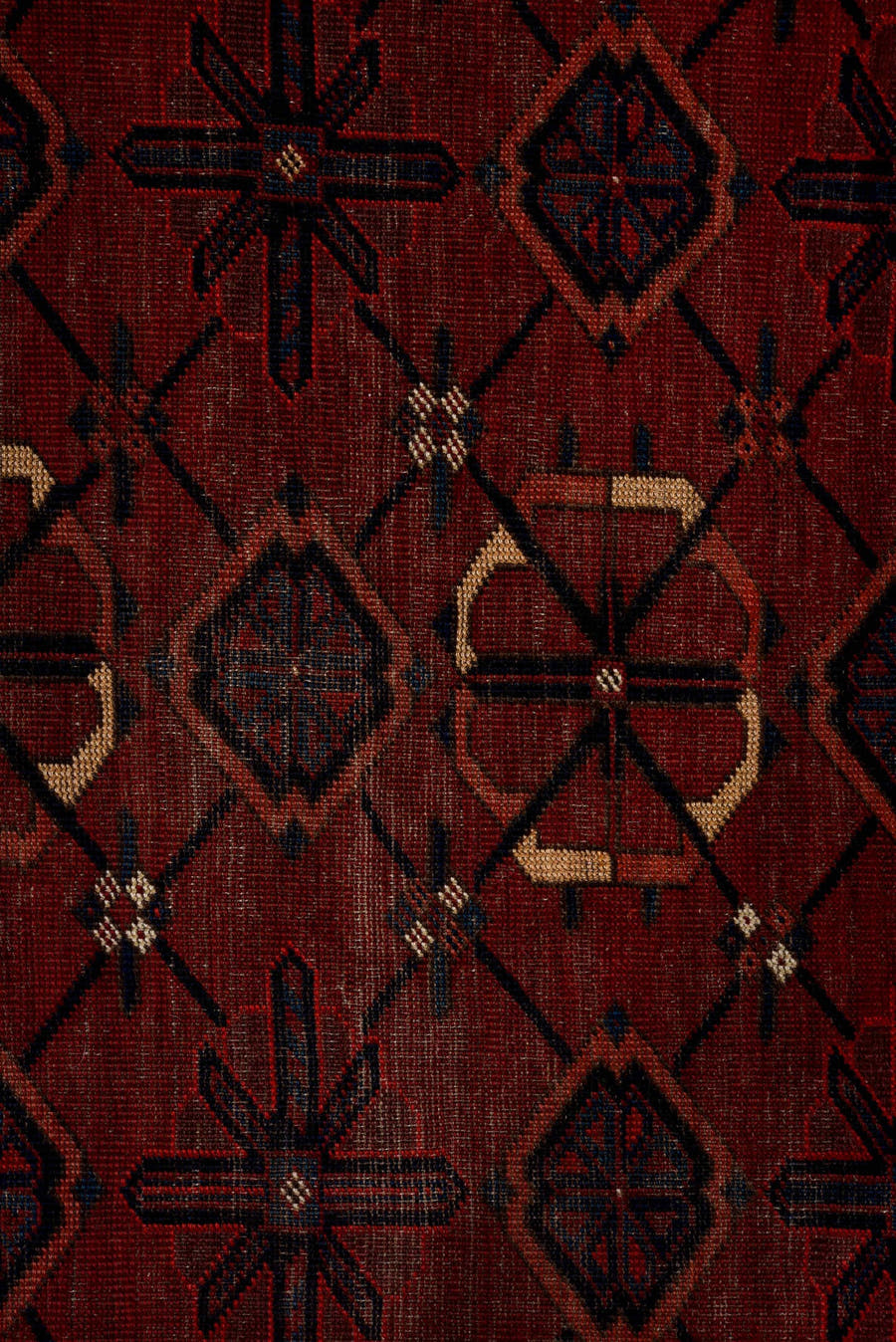 3' x 6' one-of-a-kind handmade vintage Torkaman small size rug. Color palette: red, burgundy, navy, ivory, rust, charcoal