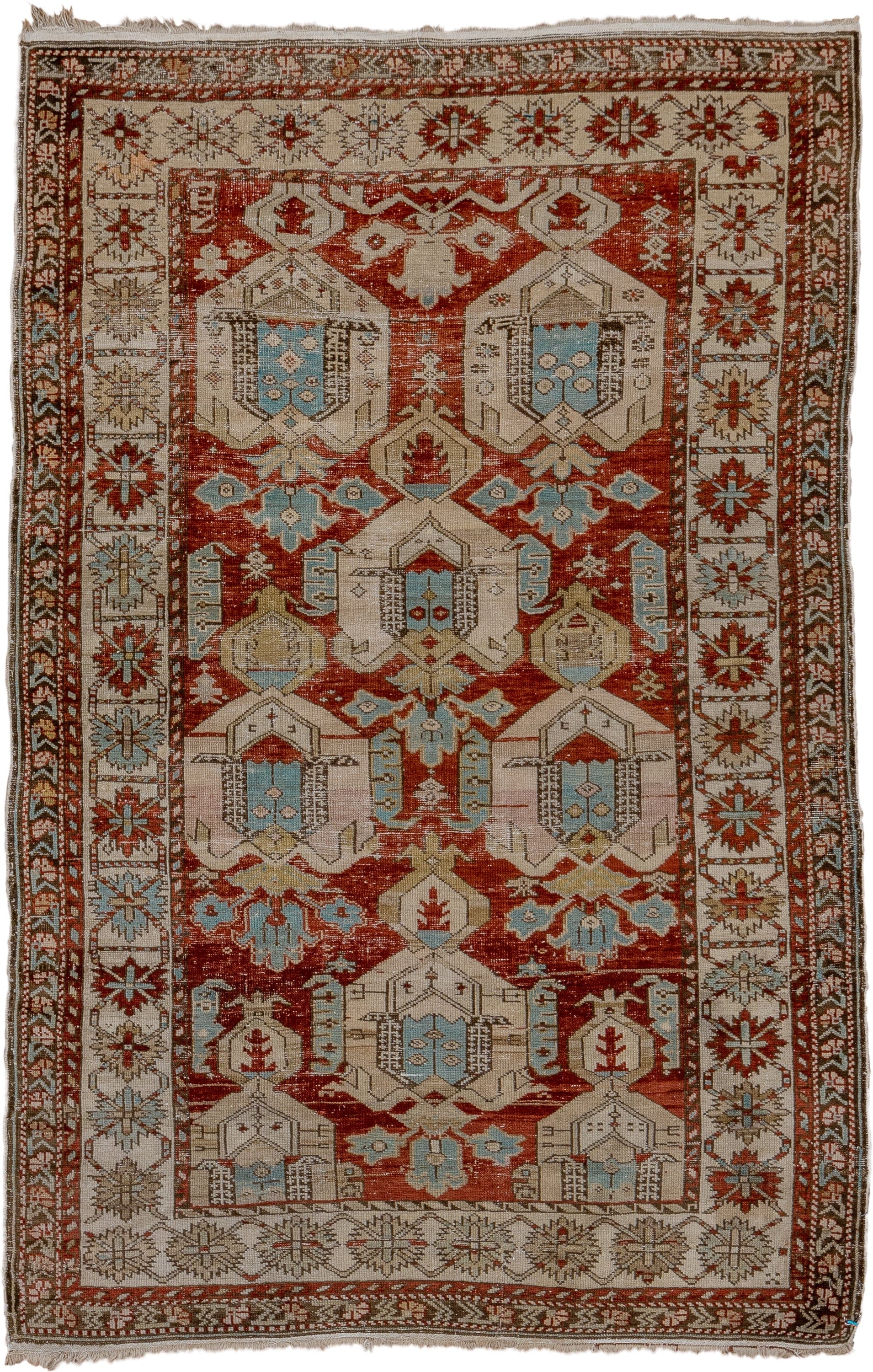3' x 5' one-of-a-kind handmade antique Shirvan small size rug. Color palette: rust, ivory, sky blue, brown, taupe, camel